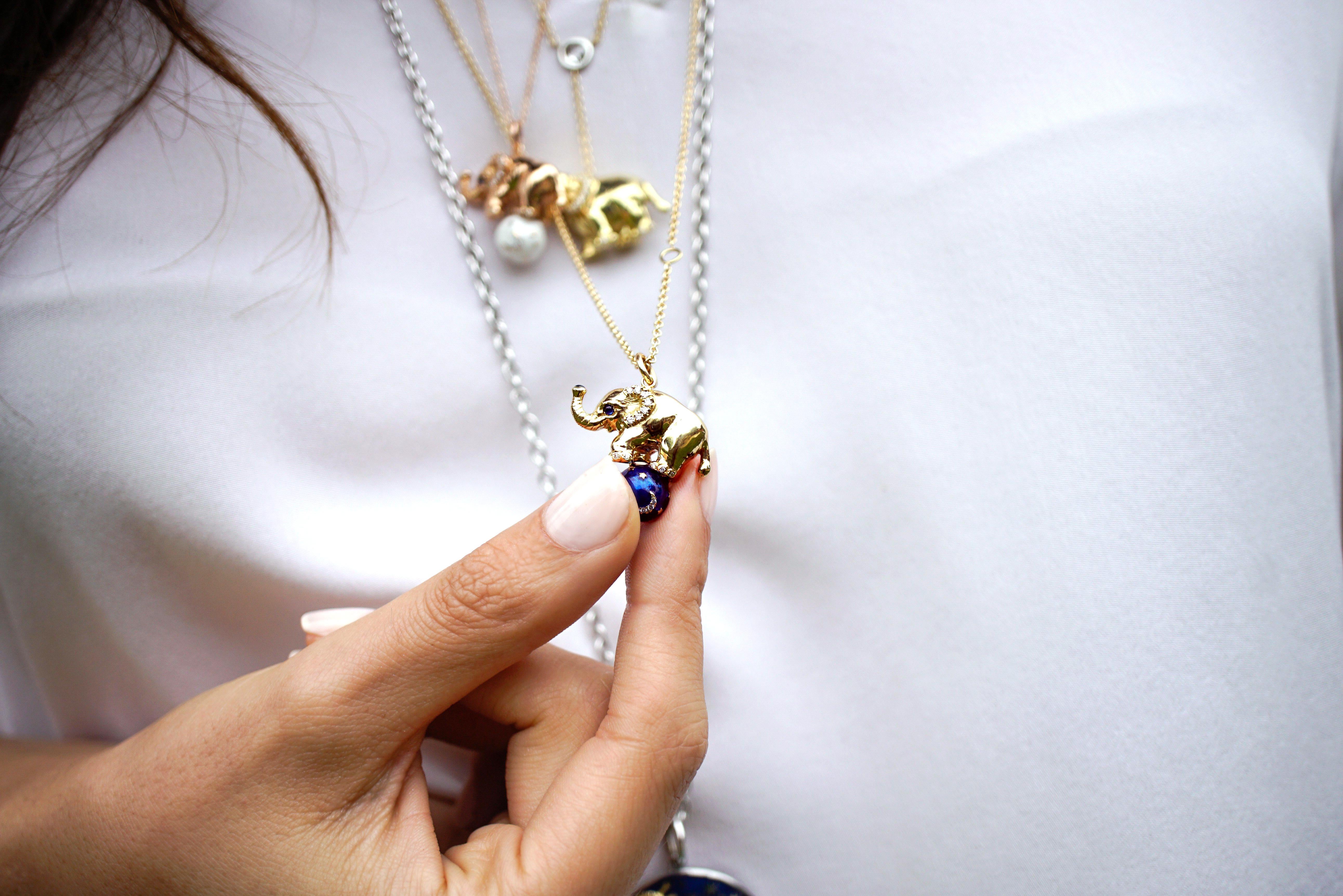 18 Karat Gold, Diamond, Sapphire and Enamel Elephant Pendant Necklace 'Tuffi' 1