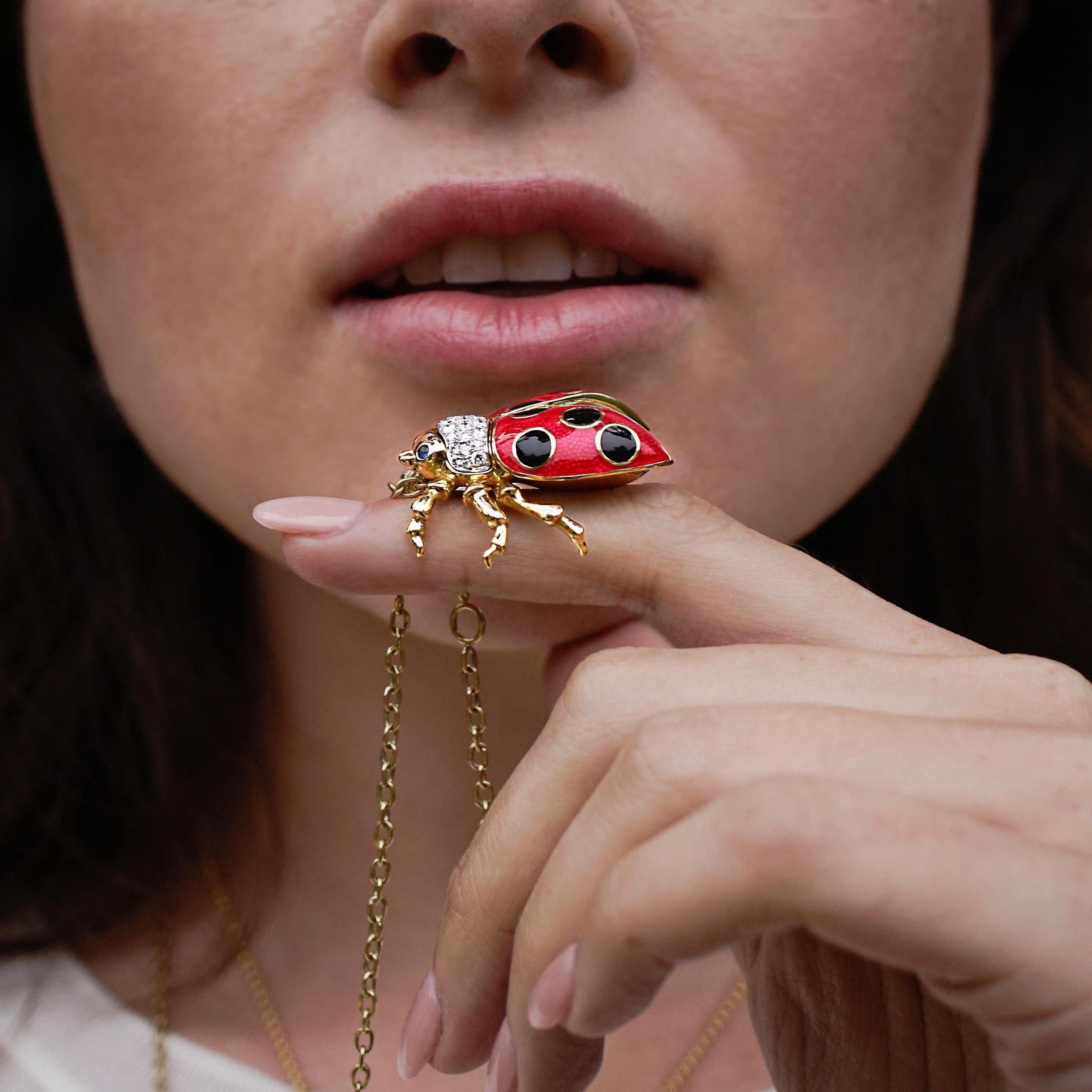 Contemporary 18 Karat Gold, Diamond, Sapphire and Enamel Ladybug Pendant Necklace 'Riley' For Sale