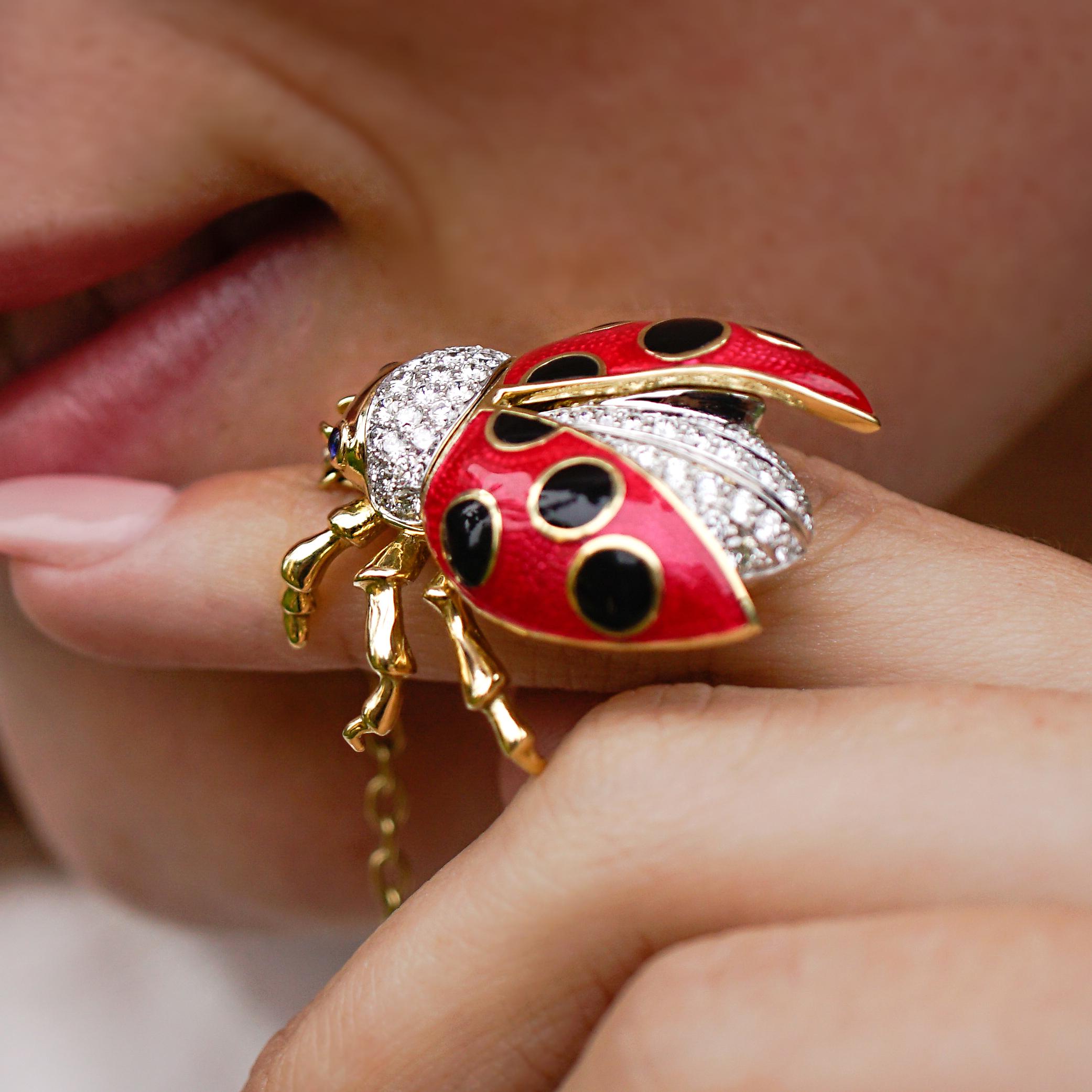 Round Cut 18 Karat Gold, Diamond, Sapphire and Enamel Ladybug Pendant Necklace 'Riley' For Sale