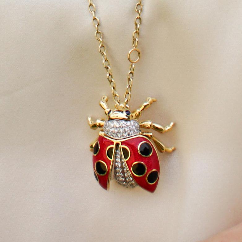 Women's 18 Karat Gold, Diamond, Sapphire and Enamel Ladybug Pendant Necklace 'Riley' For Sale