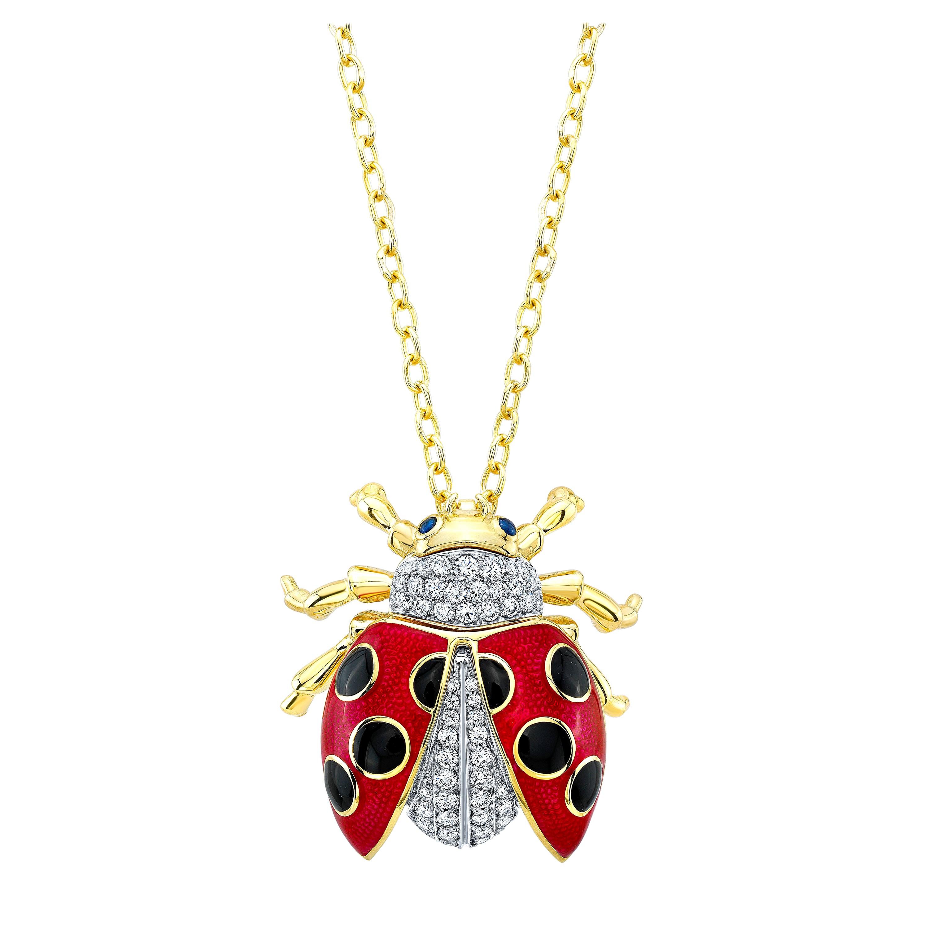 18 Karat Gold, Diamond, Sapphire and Enamel Ladybug Pendant Necklace 'Riley'