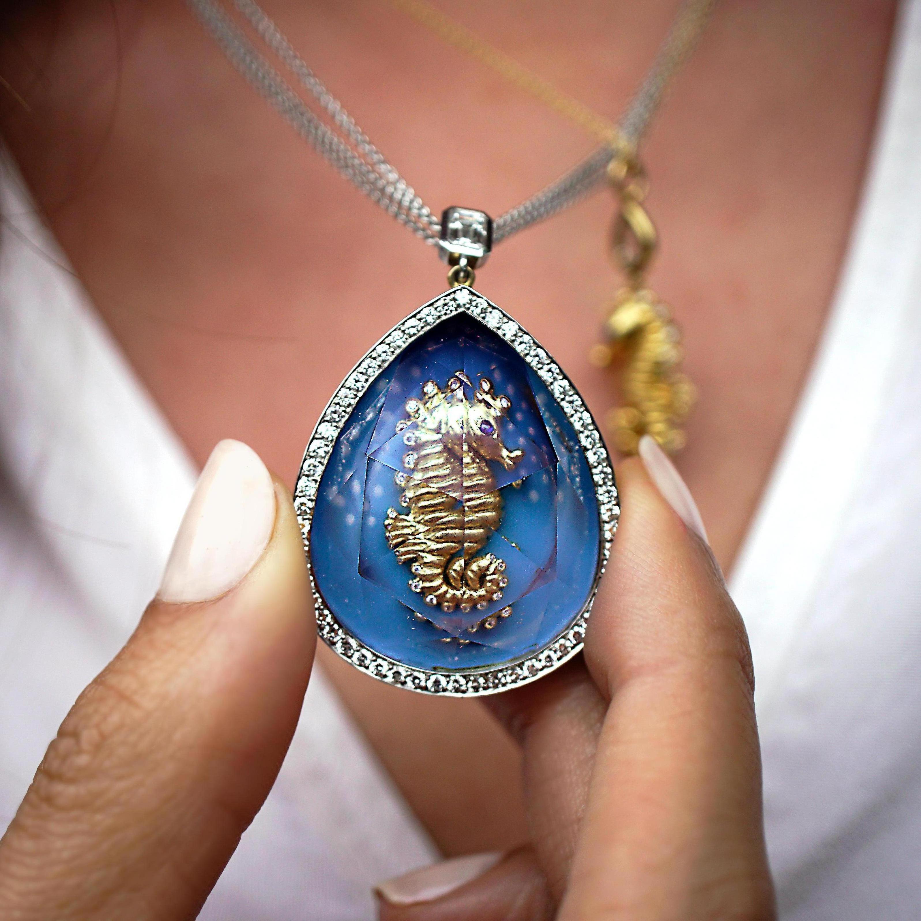 Amy's 45.00ct. Topaz seahorse contemporary designed pendant necklace Aria was created from her sweet memories of growing up sailing to the Catalina Islands with her siblings year after year.  By joining her love of the sea with jewels from the sand,