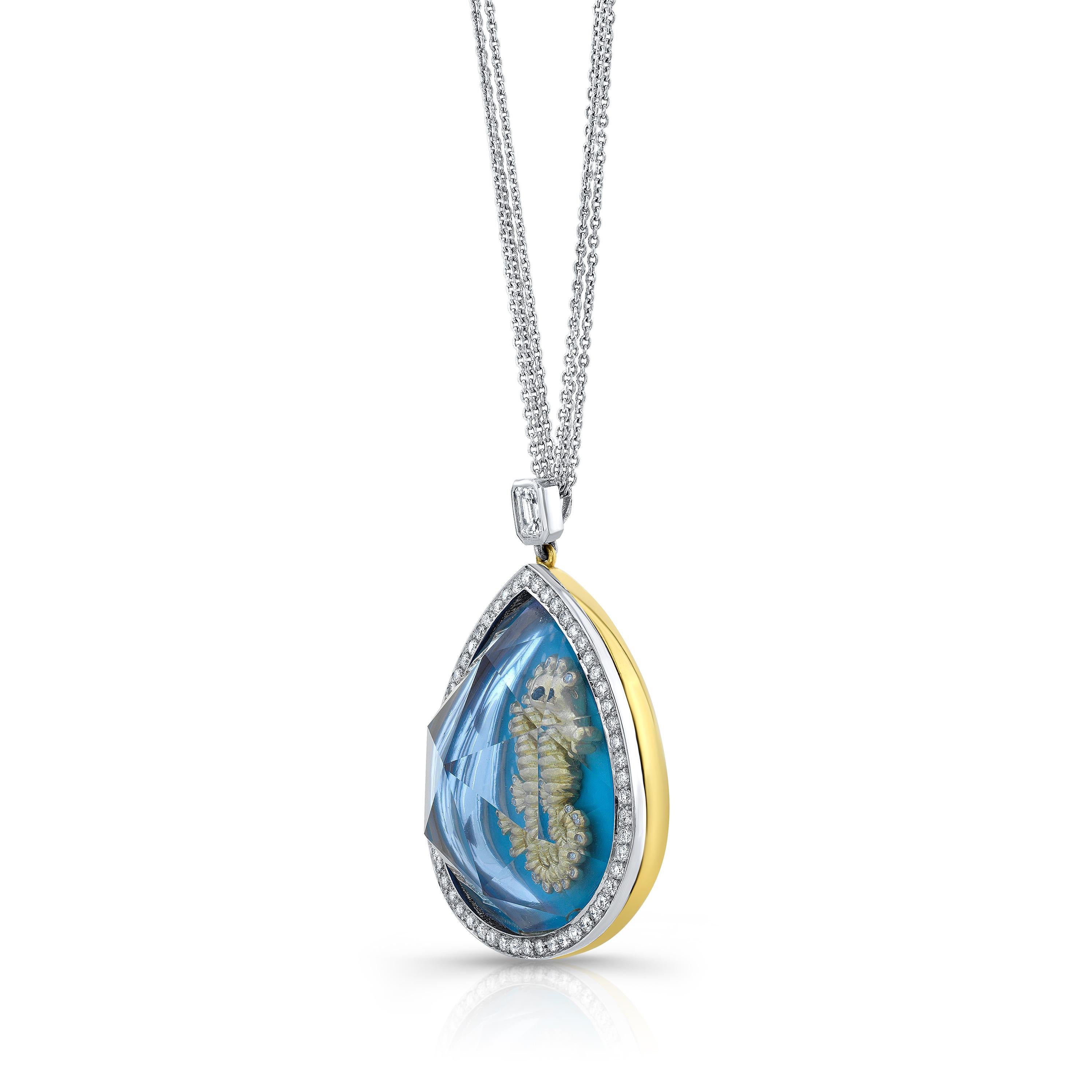 Contemporary Amy Y 18K Gold, Platinum, Diamond, Blue Topaz Seahorse Pendant Necklace 'Aria'