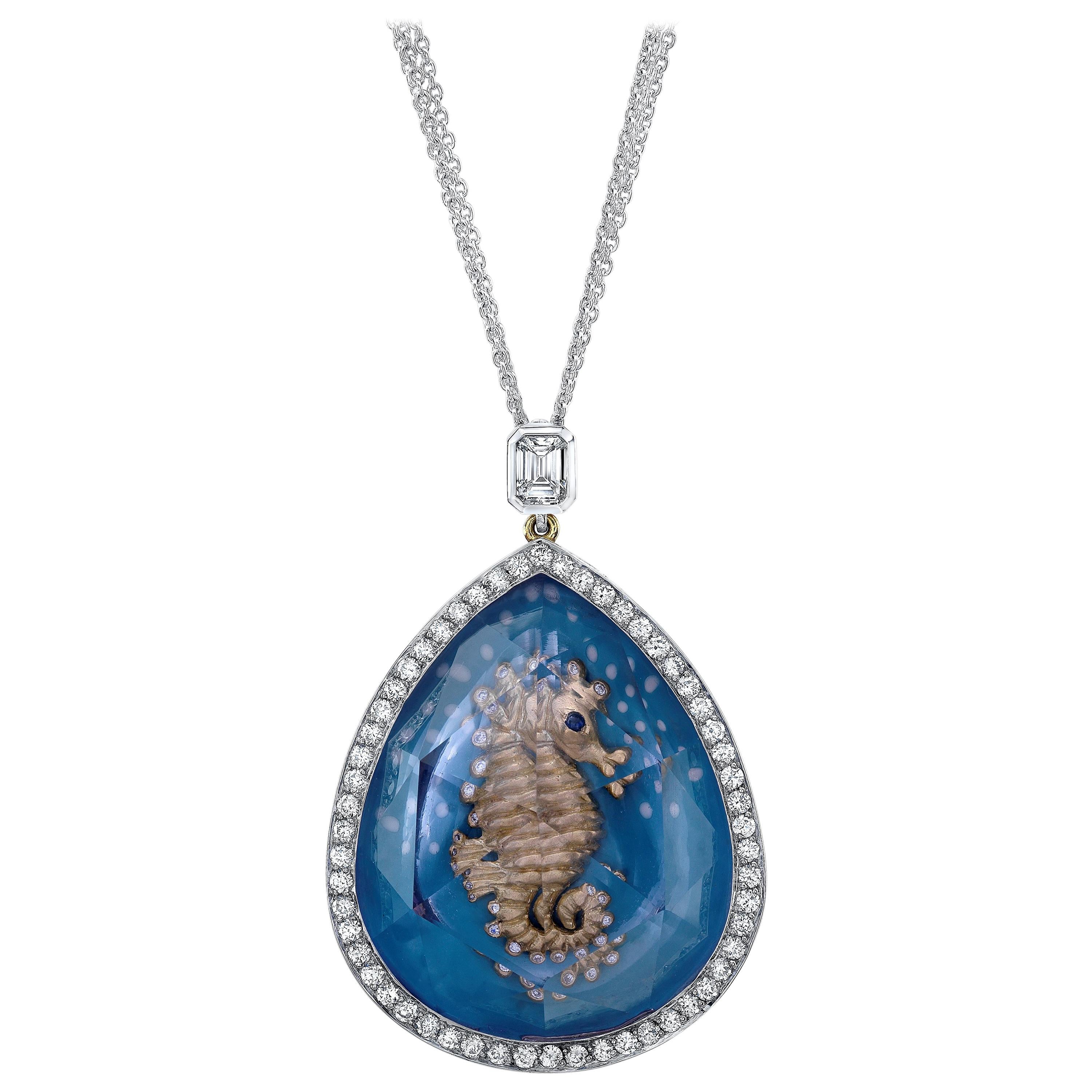 Amy Y 18K Gold, Platinum, Diamond, Blue Topaz Seahorse Pendant Necklace 'Aria'