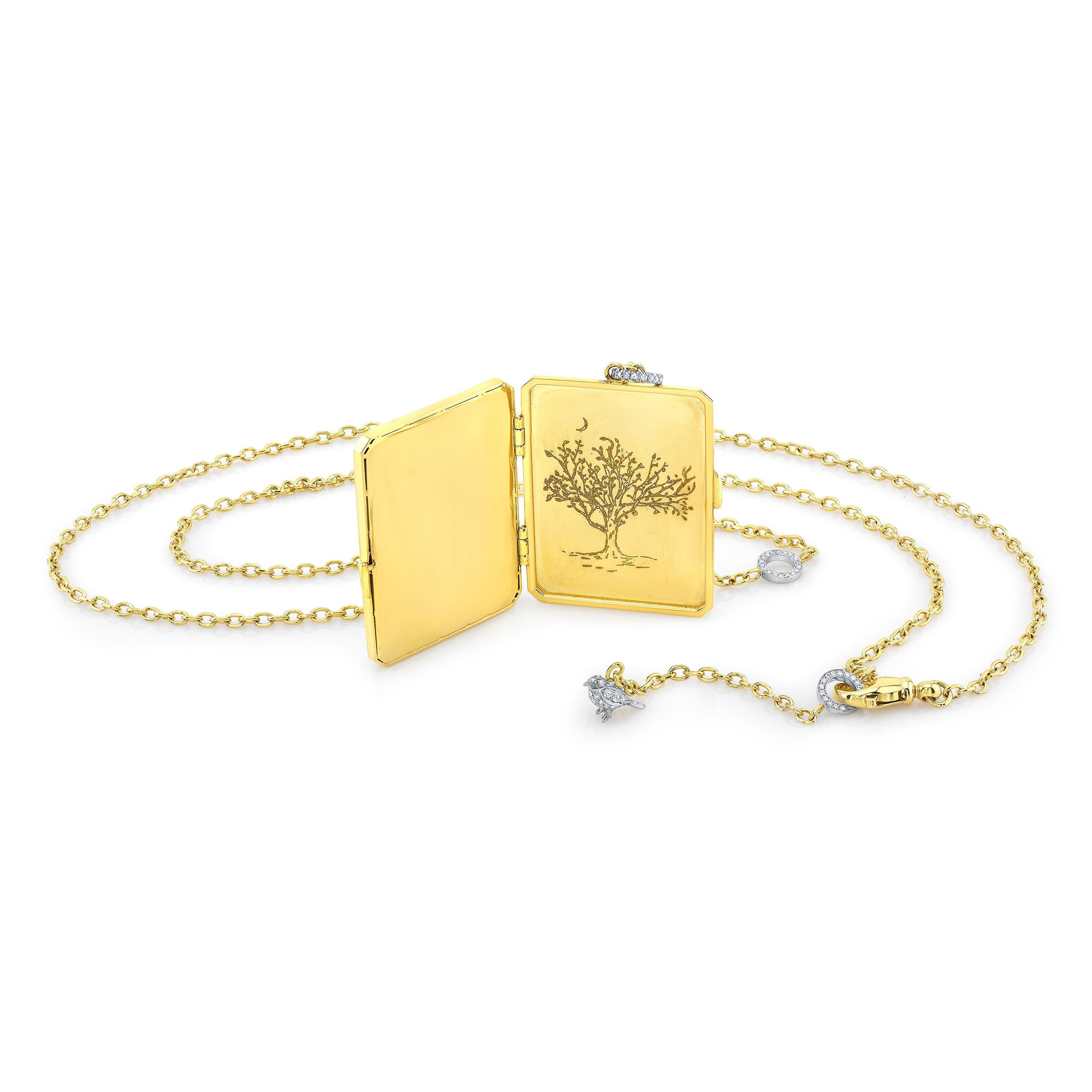 Contemporary Amy Y 18K Gold, Platinum, Diamond, Citrine, Enamel Bird Locket Pendant 'Olivia'