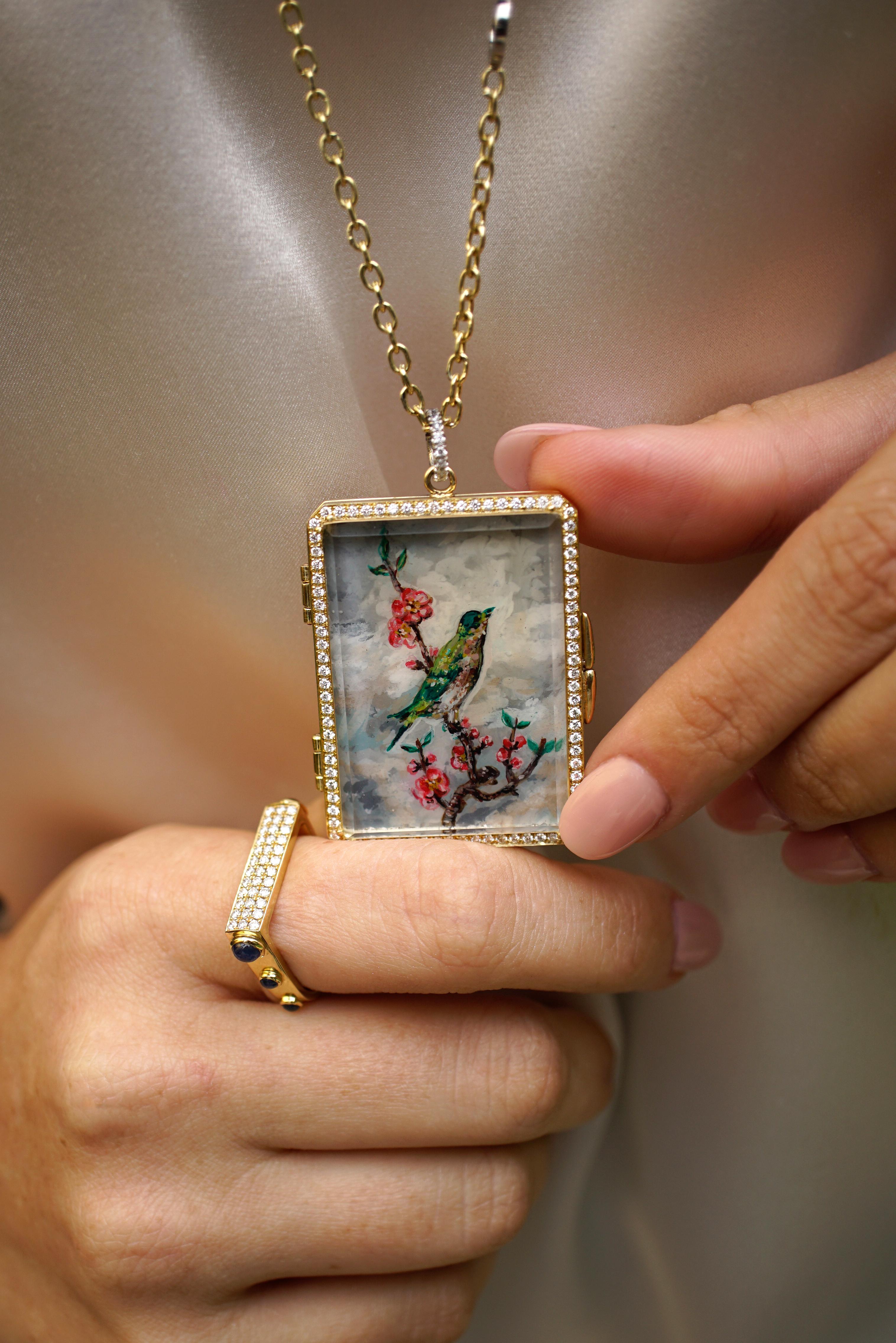 Amy Y's 18K-yellow gold, platinum, diamond, 30.00ct. Citrine and painted enamel  'Bird Locket' pendant necklace Olivia is exquisitely designed to capture the essence of the bird kingdom in its natural environment.  Designed from the heart, this