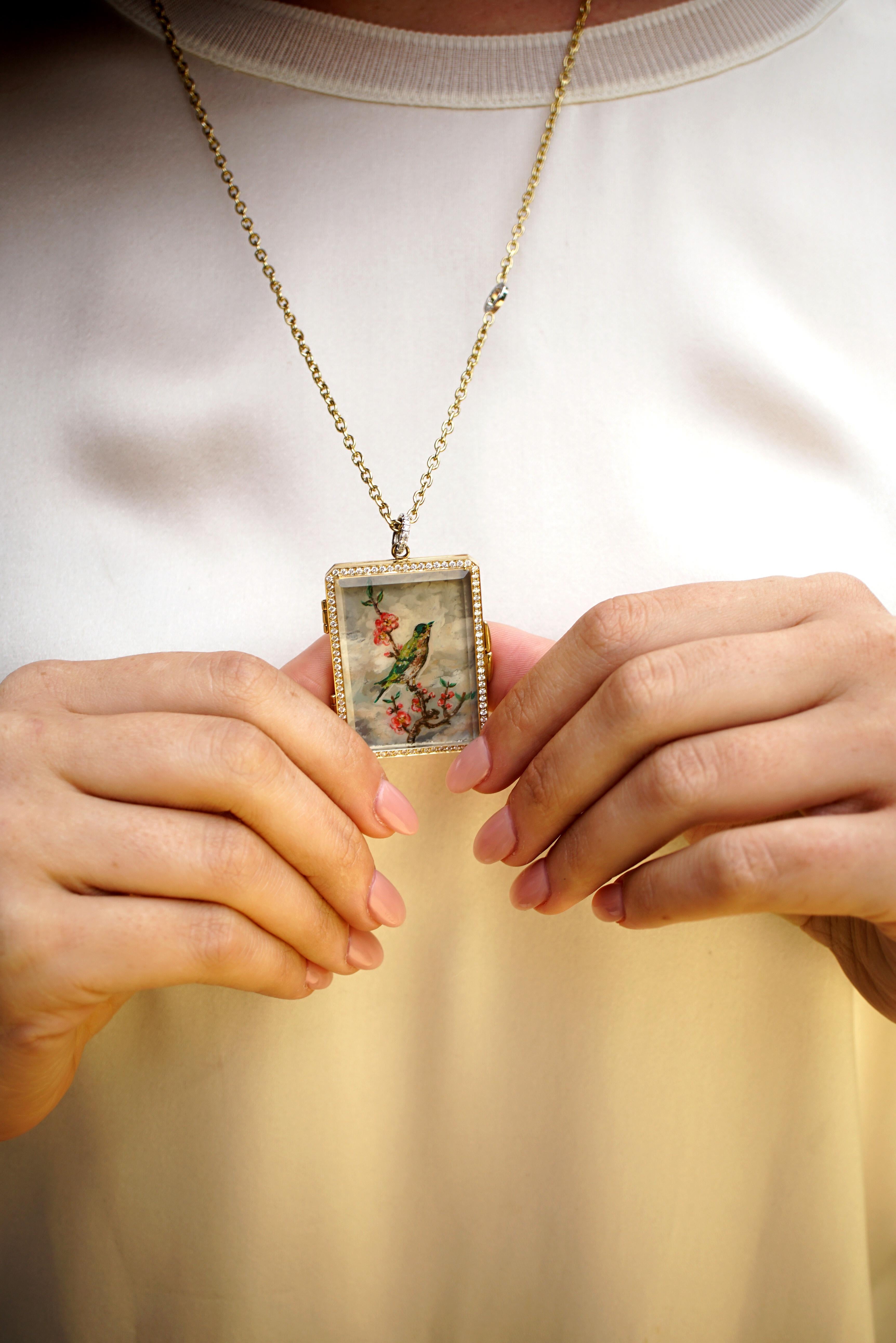 Amy Y 18K Gold, Platinum, Diamond, Citrine, Enamel Bird Locket Pendant 'Olivia' 1