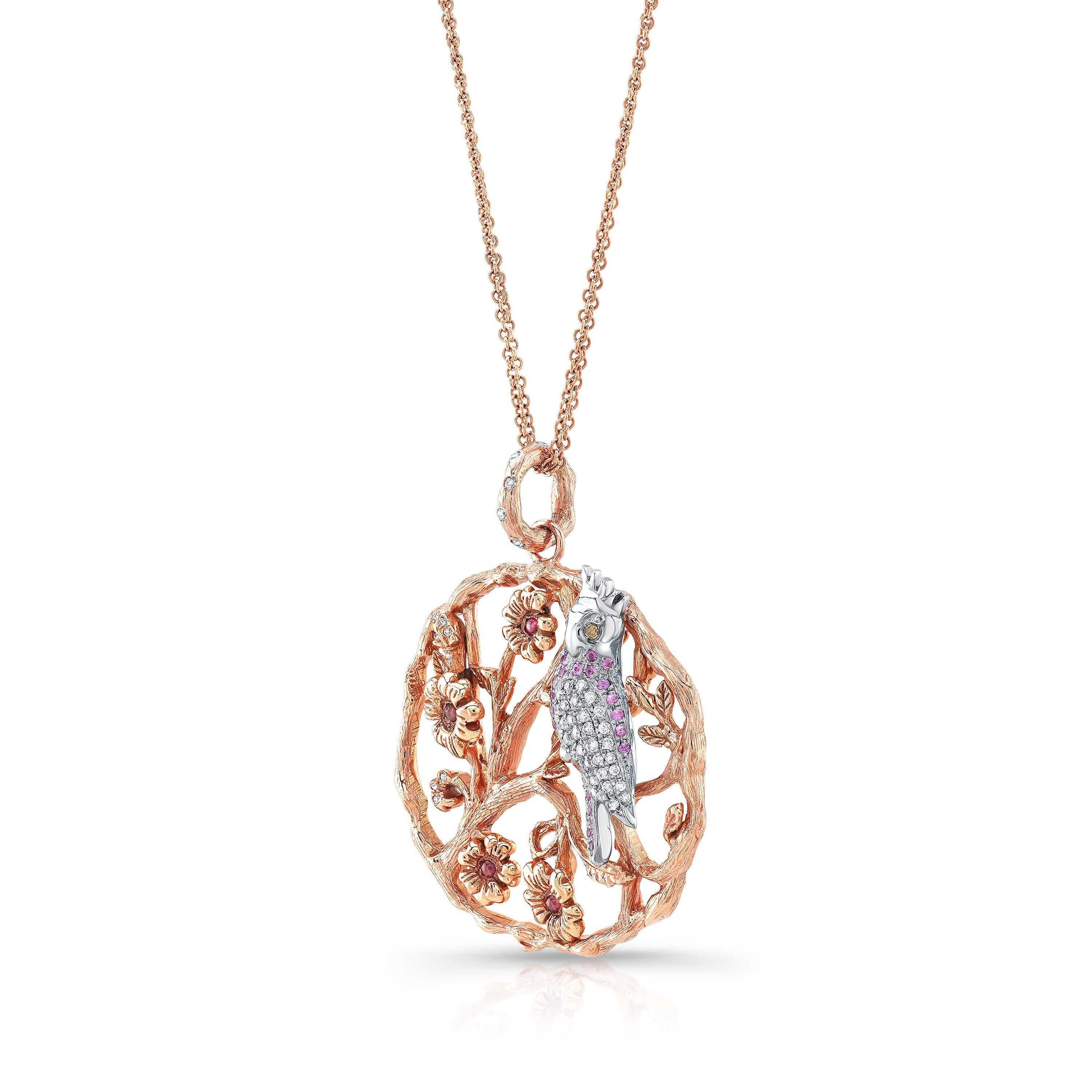 Amy Y’s Contemporary 18K-rose gold, diamond, ruby and sapphire bird and vine motif pendant necklace is a glorious replica of Australia’s native Galah bird. Beautifully handmade by Amy’s esteemed European artisans in 18K-rose gold and platinum, this