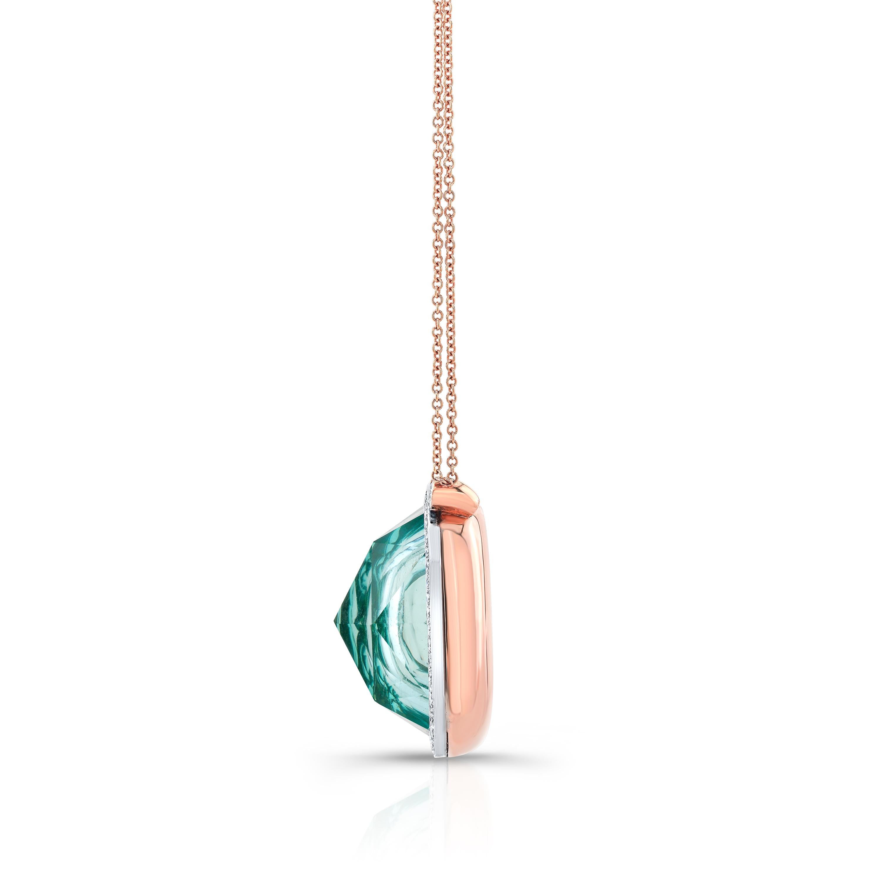 Amy Y's 18K rose gold, platinum, diamond, blue topaz painted enamel horse pendant necklace is a one-of-a-kind treasure for the ultimate animal lover.  This extraordinary pendant necklace was handmade by Amy's skilled European artisans in 2019. 