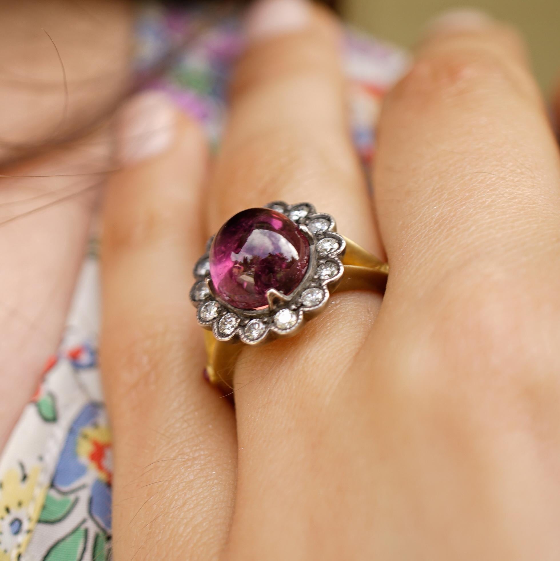 Amy Y’s flower ring Sarah is designed with a gorgeous pink tourmaline and white diamonds highlighted with 22K-yellow gold coating and oxidation. Reminiscent of the Victorian era, is this one-of-a-kind beauty. Handmade by Amy’s esteemed artisans in