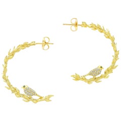 Amy Y 18K Yellow Gold And Diamond 'Bird Wreath' 3/4 Hoop Love Bird Earring