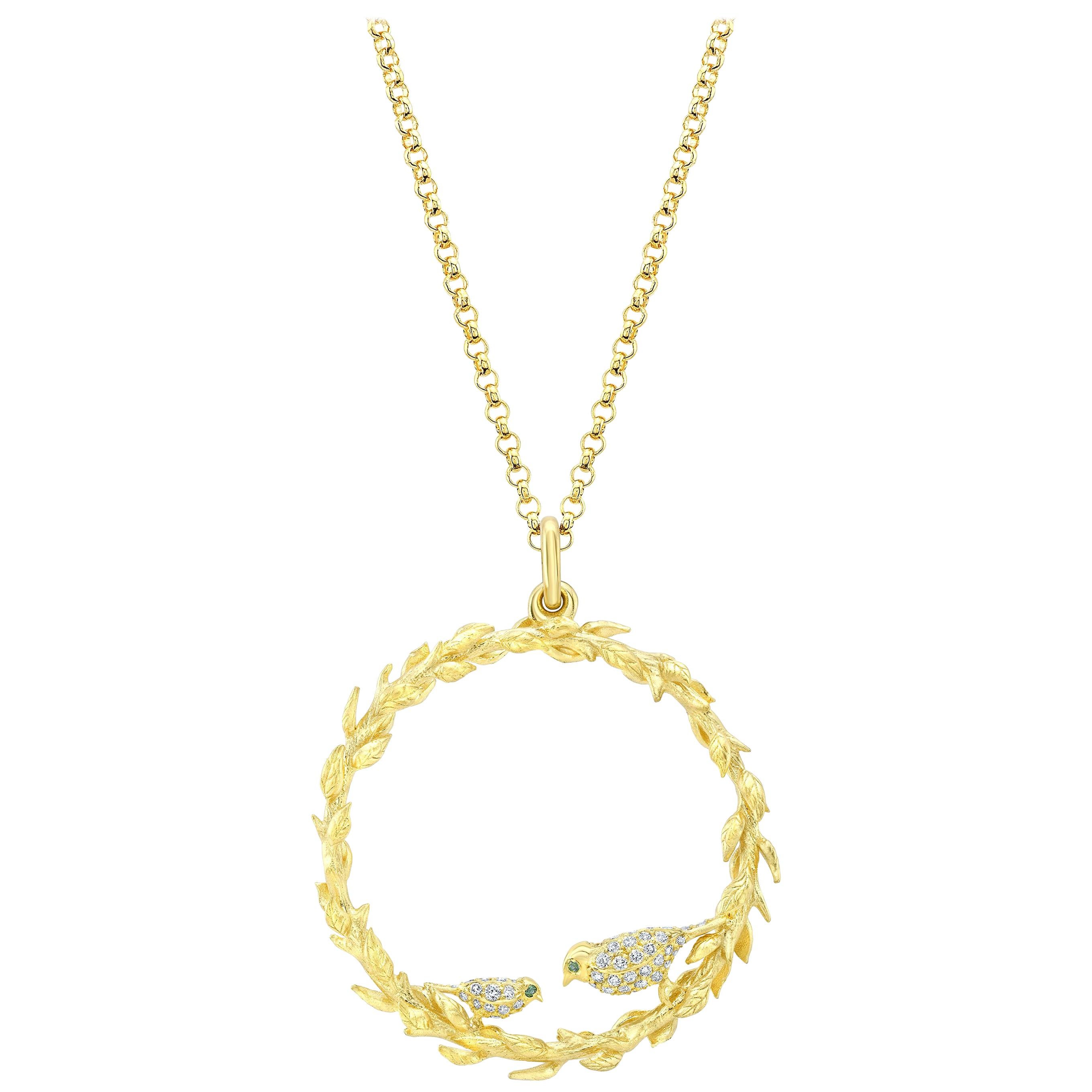 Amy Y 18 Karat Yellow Gold and Diamond Pendant Necklace 'Bird Wreath'