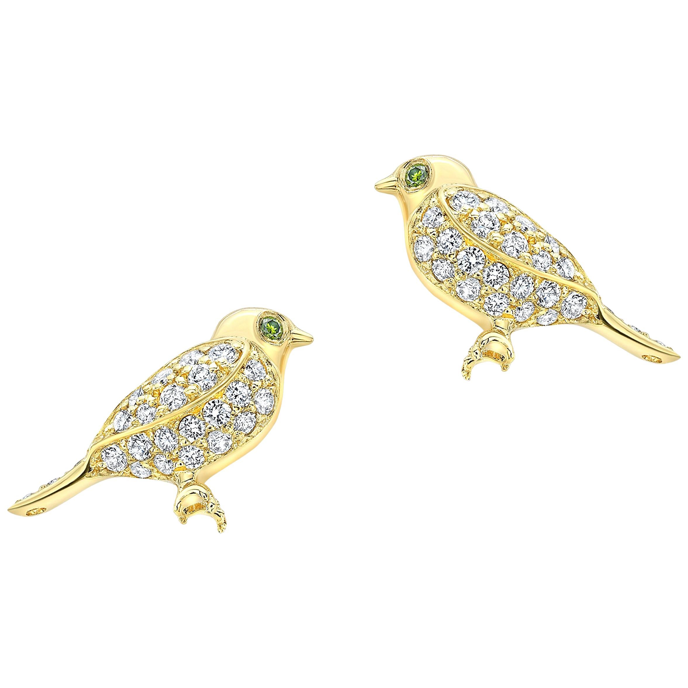 Amy Y 18 Karat Gold and Diamond 'Sweet Love Bird' Stud Earring 'Ava and Mia' For Sale