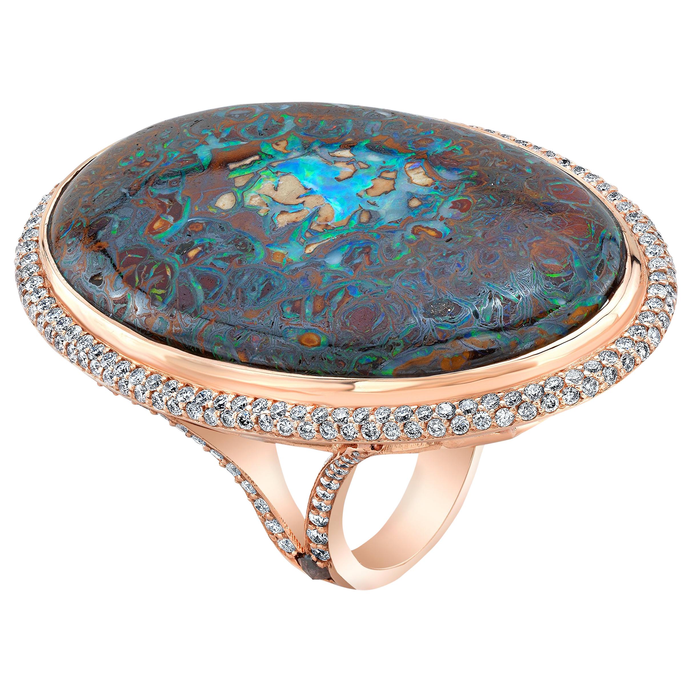 Amy Y 53.00ct, Australian Boulder Opal, Diamond and 18K-Rose Gold Ring 'Grace'