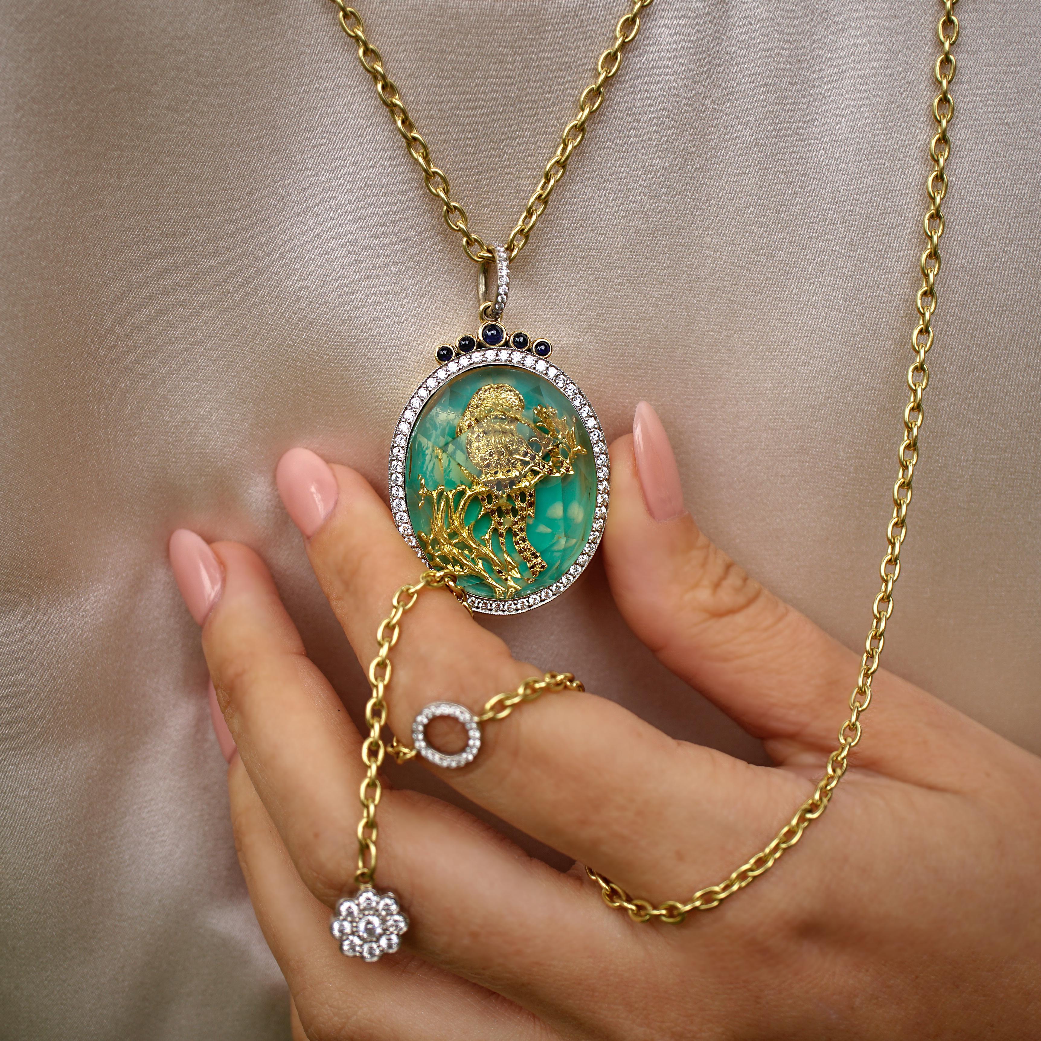 Oval Cut Amy Y Citrine, Diamond, Sapphire, 18K Gold, Platinum and Enamel Pendant Necklace