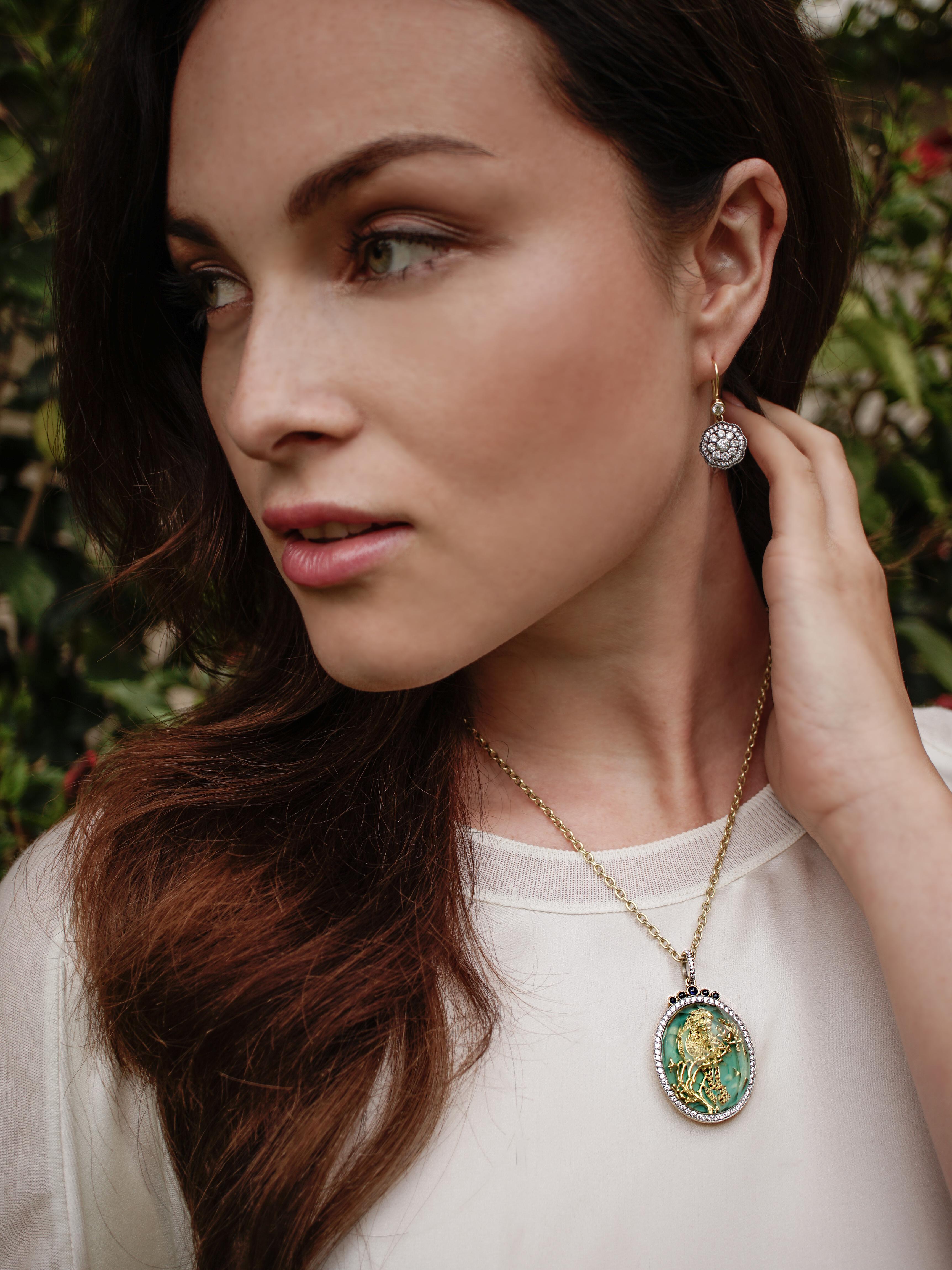Amy Y Citrine, Diamond, Sapphire, 18K Gold, Platinum and Enamel Pendant Necklace In New Condition In Santa Monica, CA