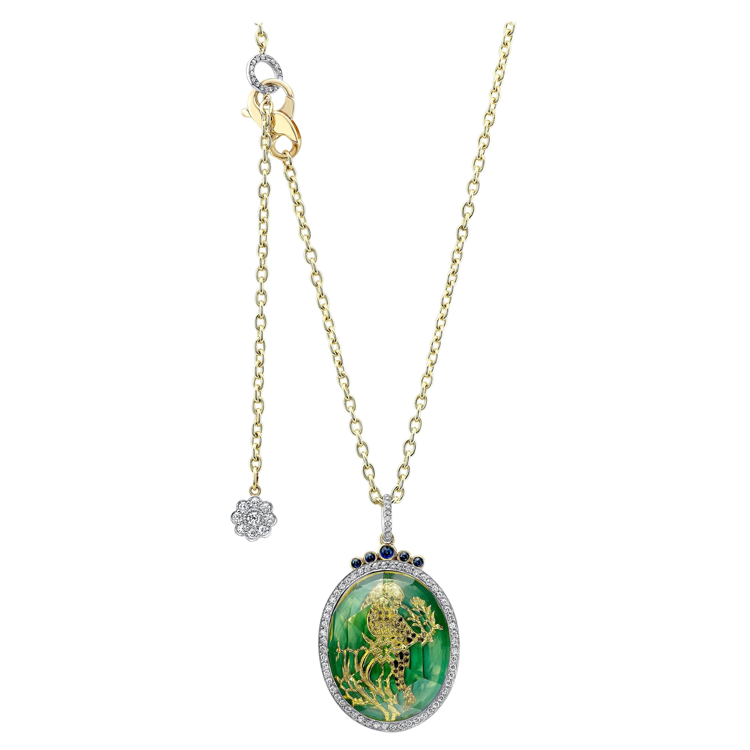 Amy Y Citrine, Diamond, Sapphire, 18K Gold, Platinum and Enamel Pendant Necklace