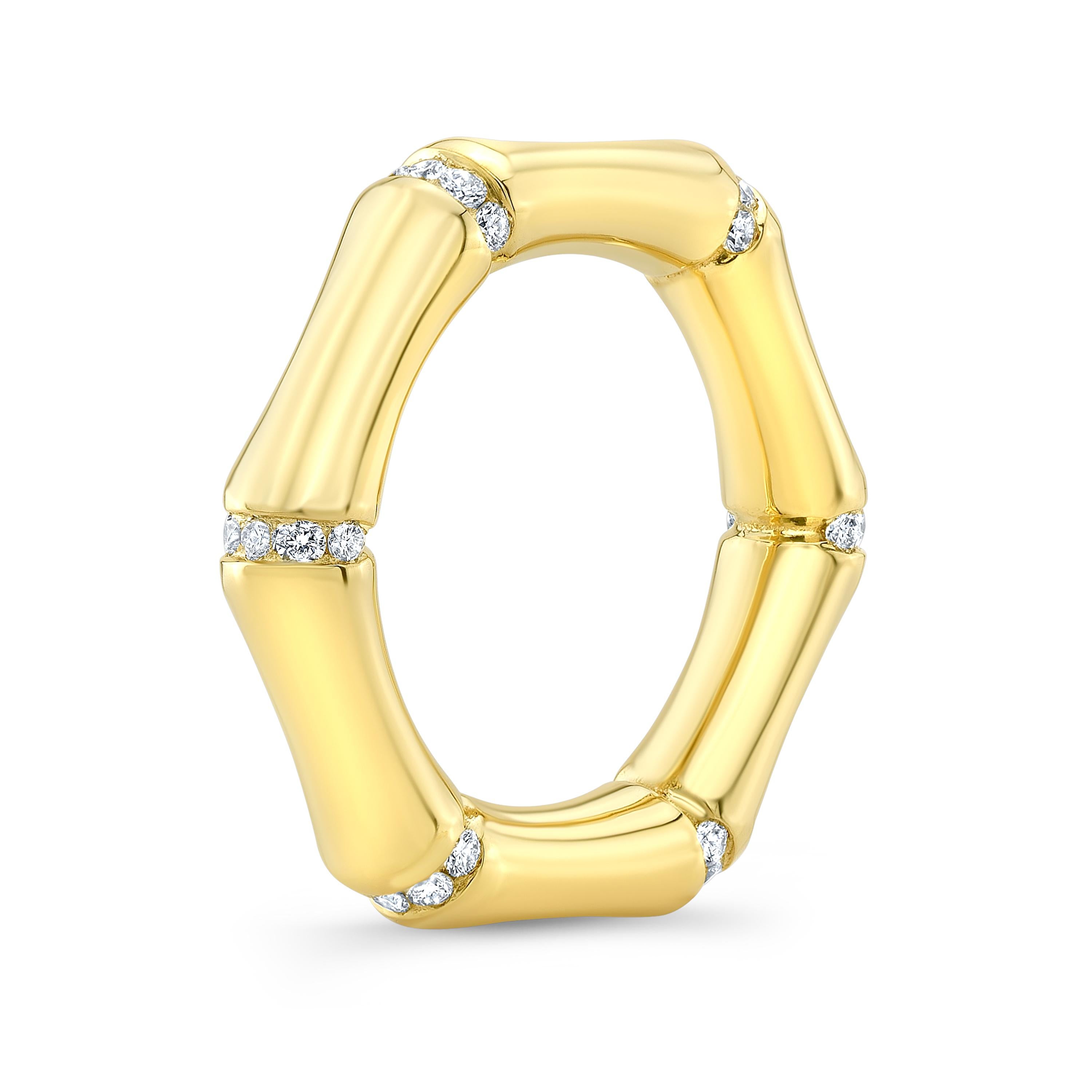 Amy Y's Contemporary handmade 18K-Yellow Gold and diamond Bamboo ring 'Indah,' which means beautiful, is a one-of-a-kind gem. 
Inspired by nature, Amy created this ring for everyday life. Full-cut white diamonds inlaid at the joints add just the