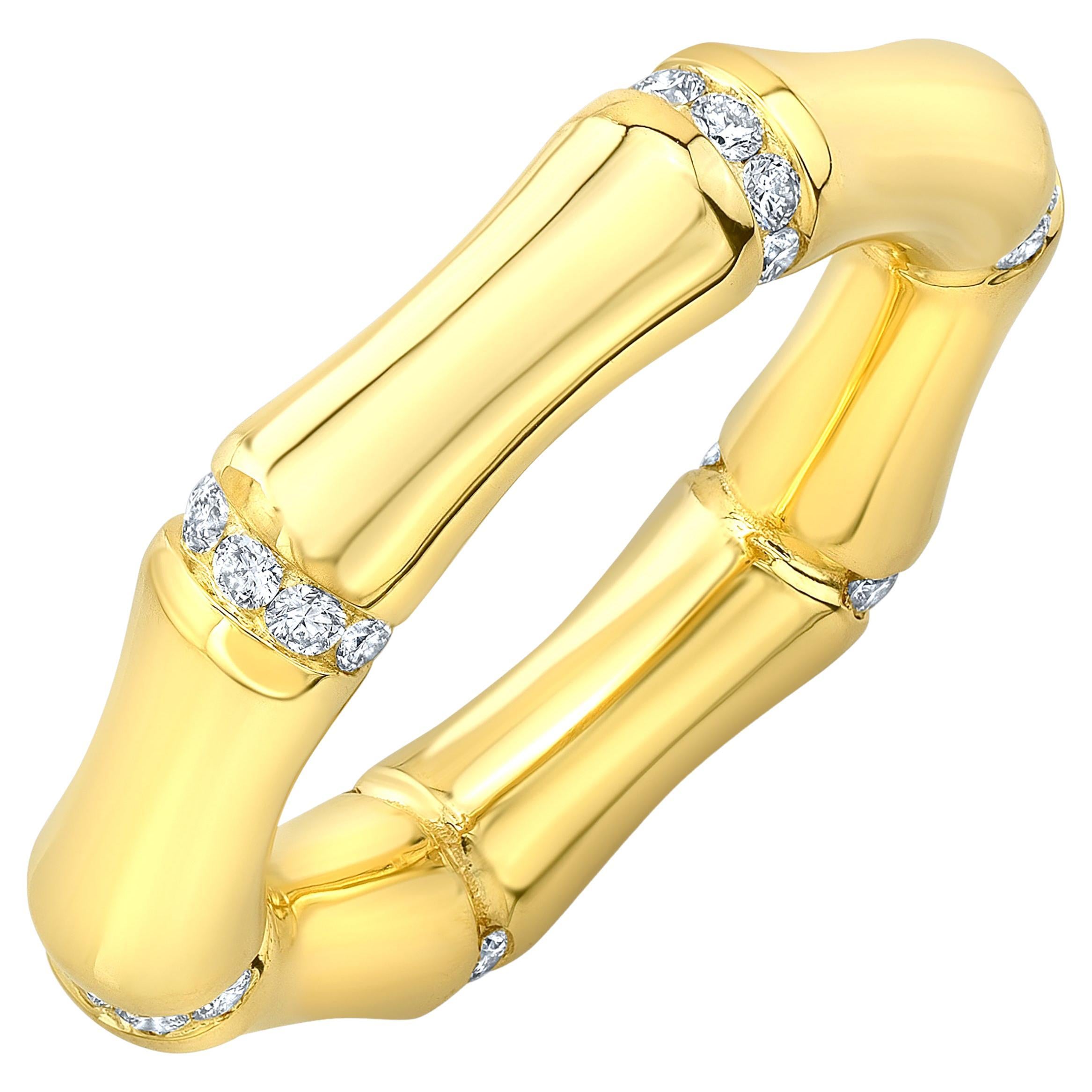 Amy Y Contemporary Handmade 18K-Yellow Gold Diamond Bamboo Ring 'Indah'
