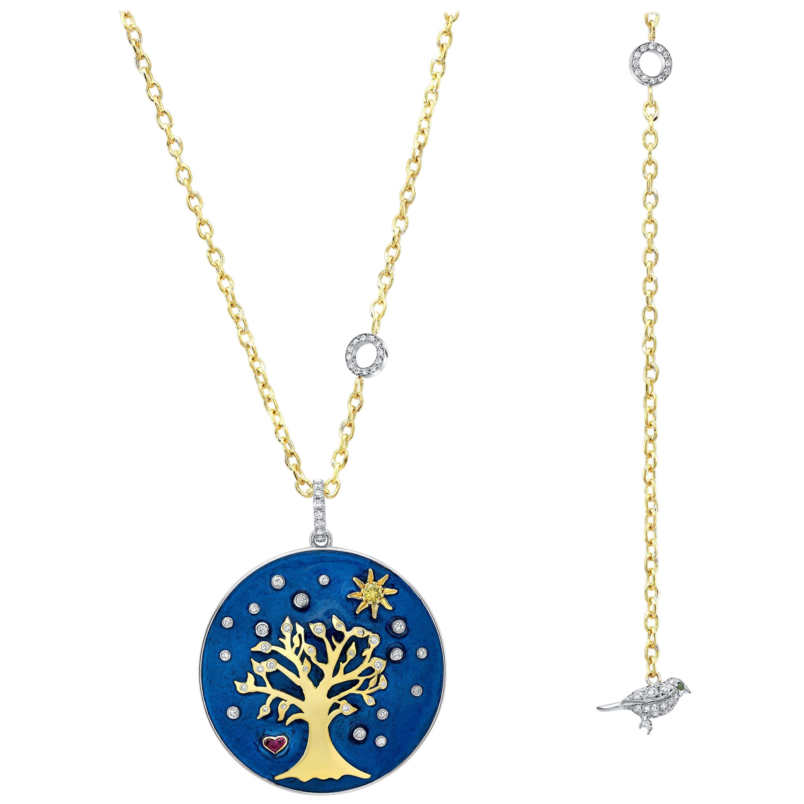 Amy Y Diamond, Ruby, Enamel and 18K Gold Pendant Necklace Tree of Life 'Amelia'