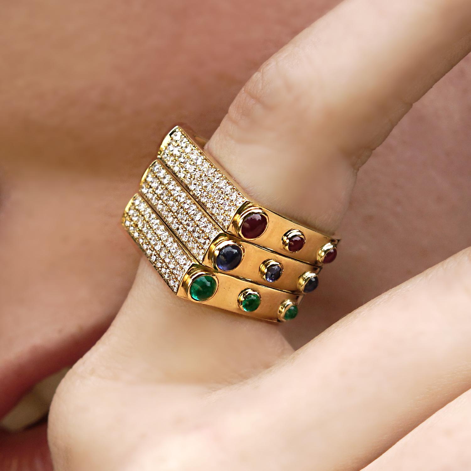 Amy Y  Inlay Diamond, Cabochon Emerald and 18 Karat Gold Ring 'Architect Ring' In New Condition In Santa Monica, CA