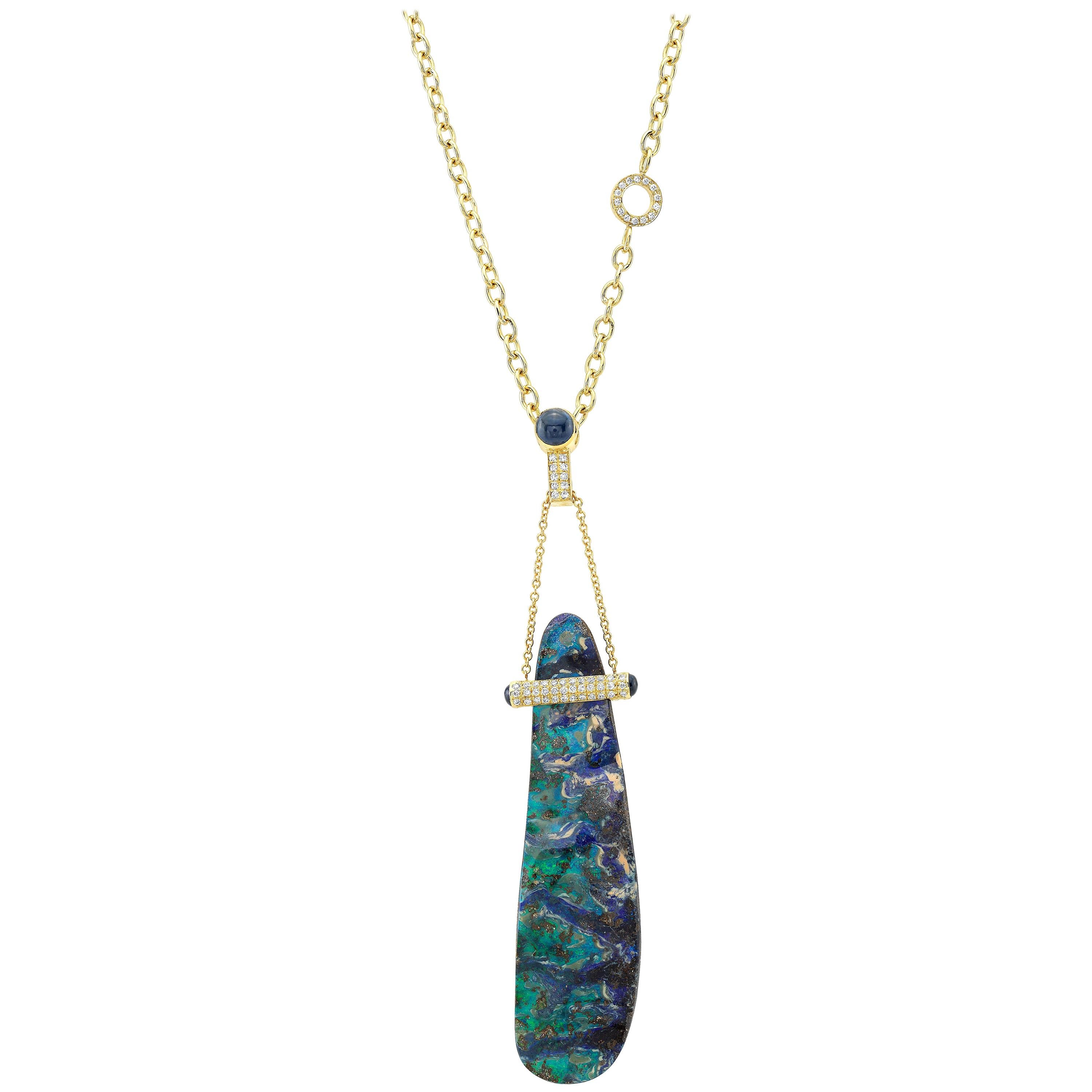 Amy Y Opal, Diamond and Sapphire 18K-Gold Contemporary Pendant Necklace  ''Kiwi'' For Sale at 1stDibs