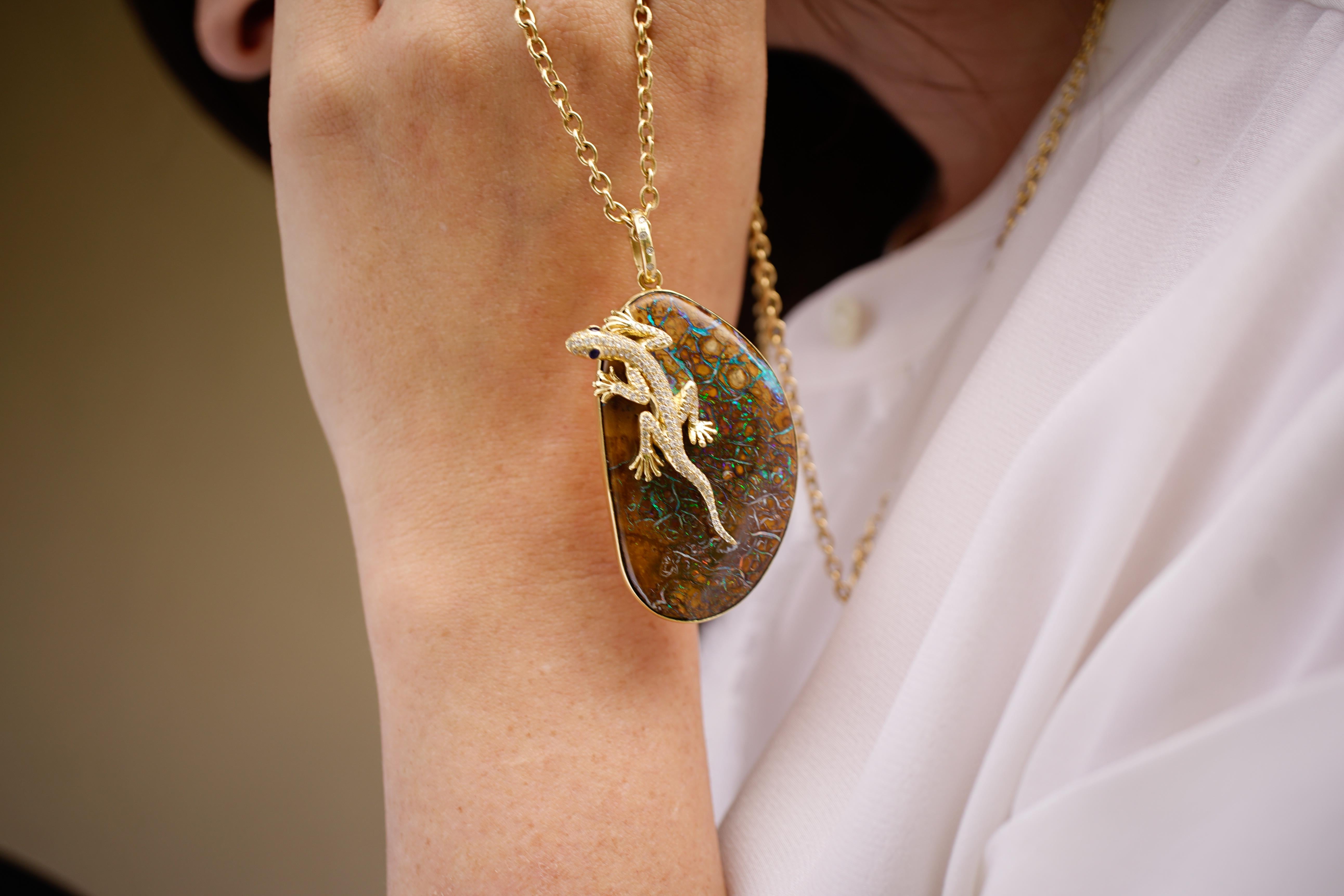 Amy Y Opal, Diamond and Sapphire Contemporany Gecko Pendant Necklace 'Rex' In New Condition For Sale In Santa Monica, CA