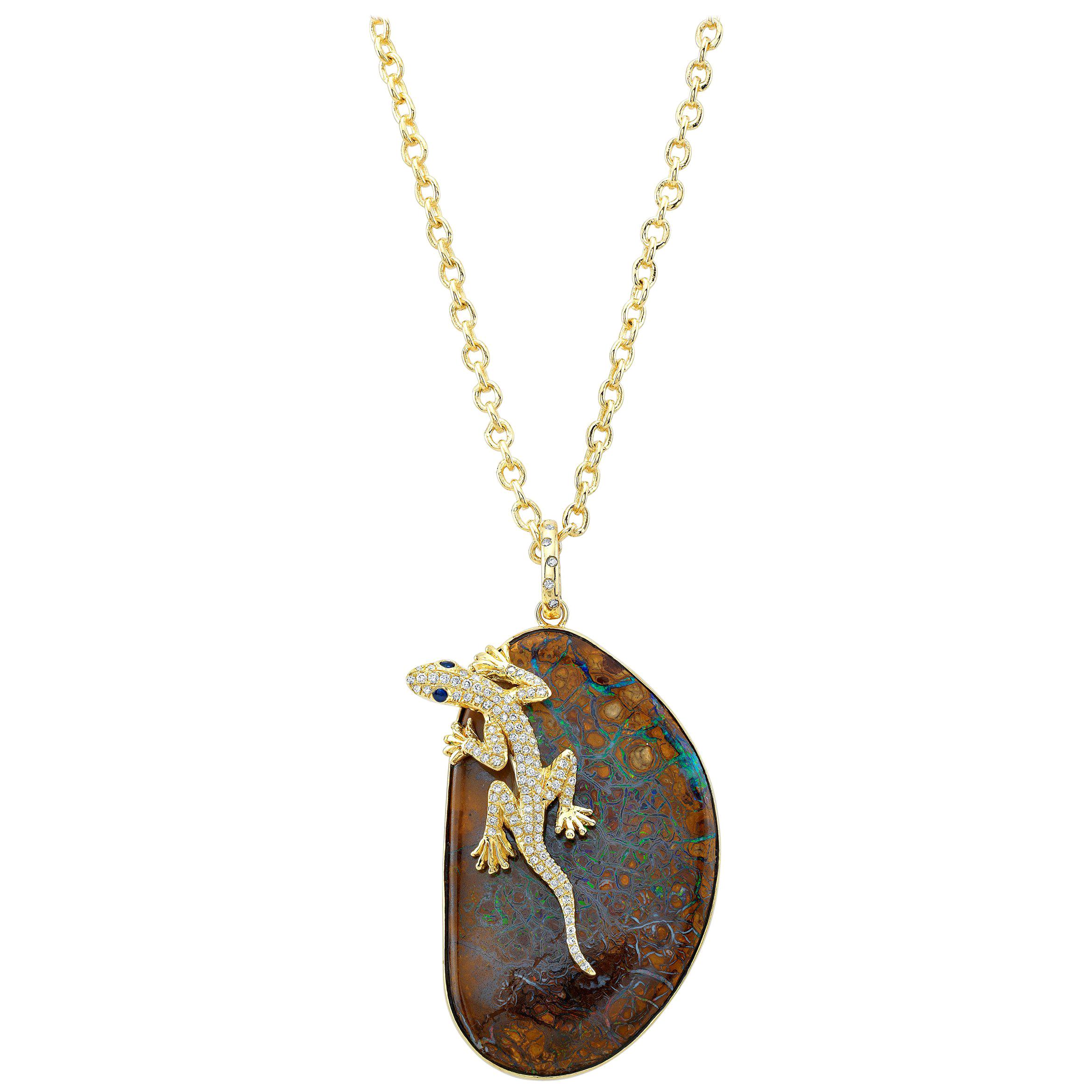 Amy Y Opal, Diamond and Sapphire Contemporany Gecko Pendant Necklace 'Rex'