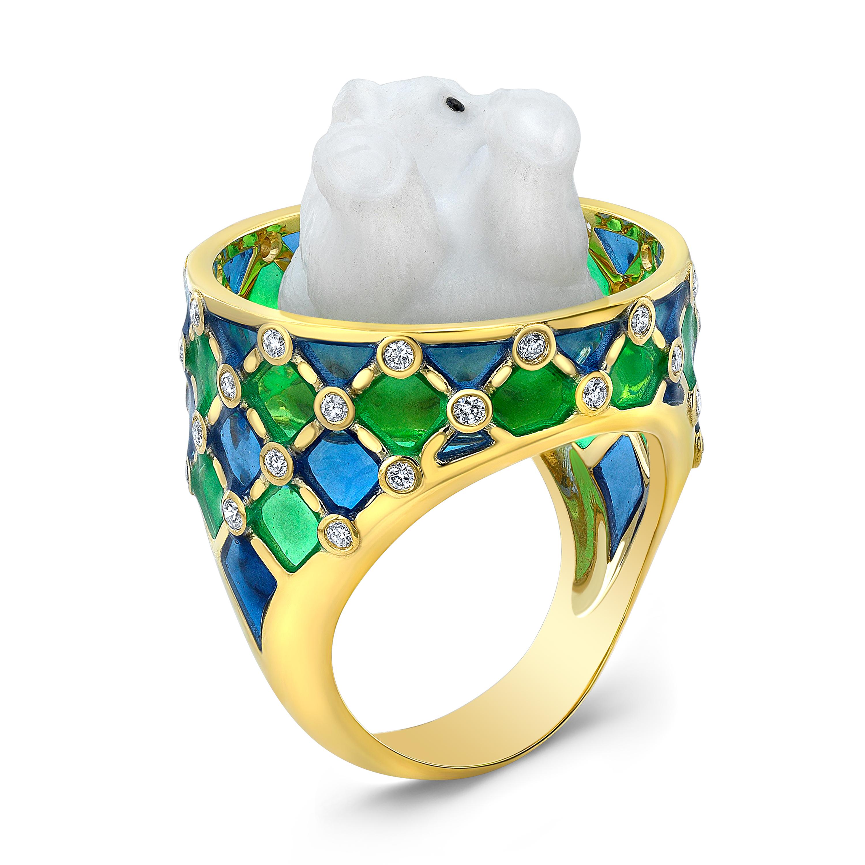 Amy Y's amusing carved white opal bear; diamond and enamel ring is a one-of-a-kind gem. Her life in the Rockies and visits to Alaska were her inspirations to create this truly splendid and playful contemporary handmade ring Oreo. Especially created