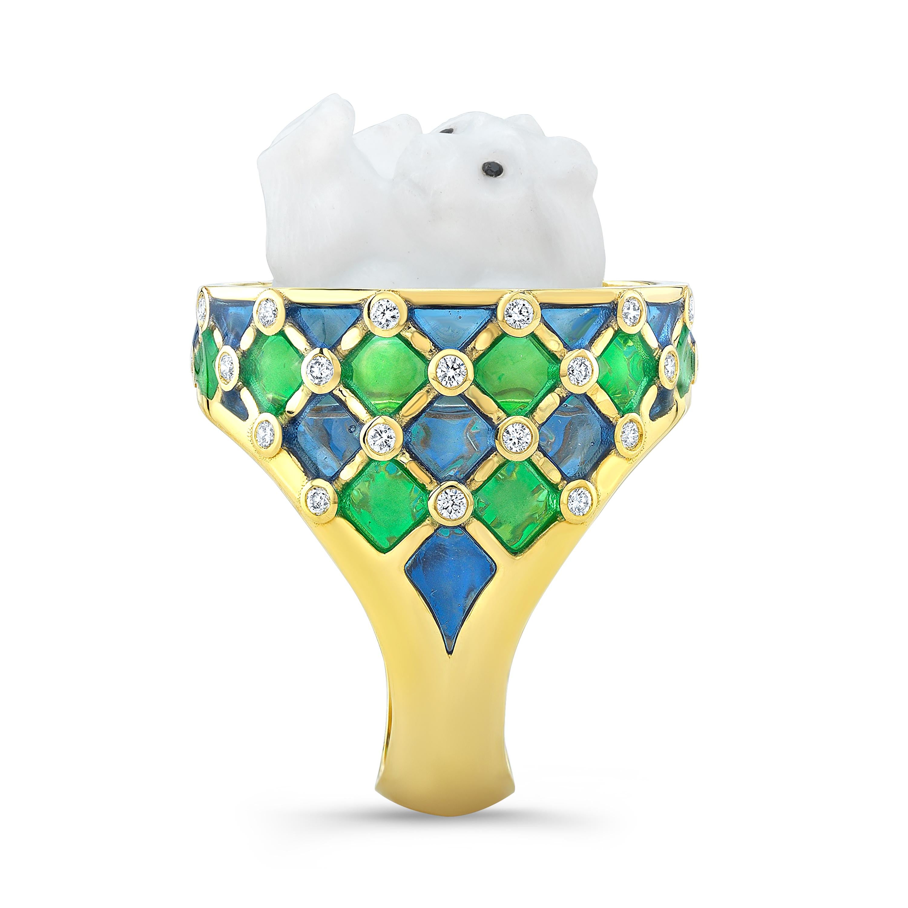 Round Cut Amy Y Opal, Diamond, Enamel and 18 Karat Gold Contemporary Bear Ring 'Oreo'