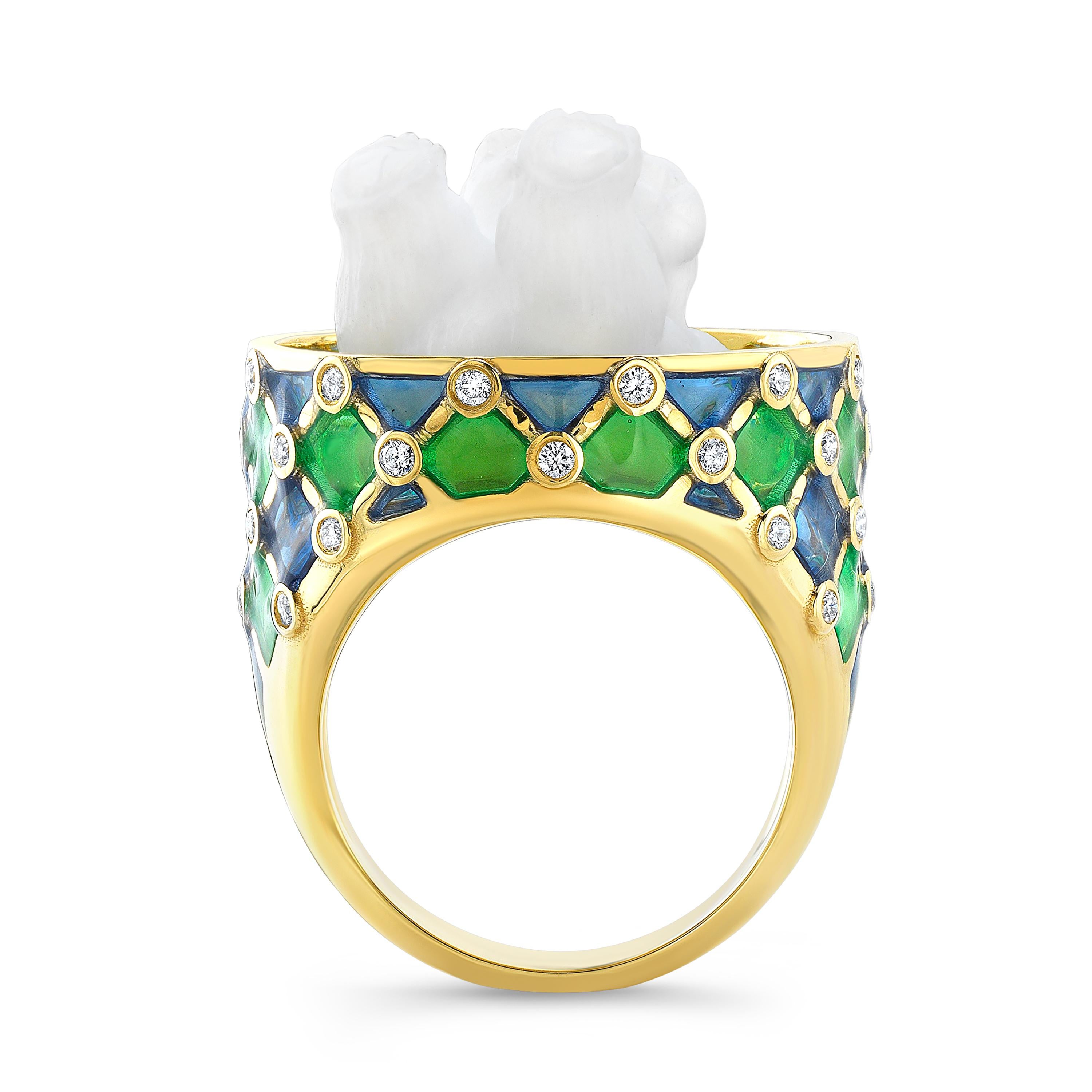 Amy Y Opal, Diamond, Enamel and 18 Karat Gold Contemporary Bear Ring 'Oreo' In New Condition In Santa Monica, CA