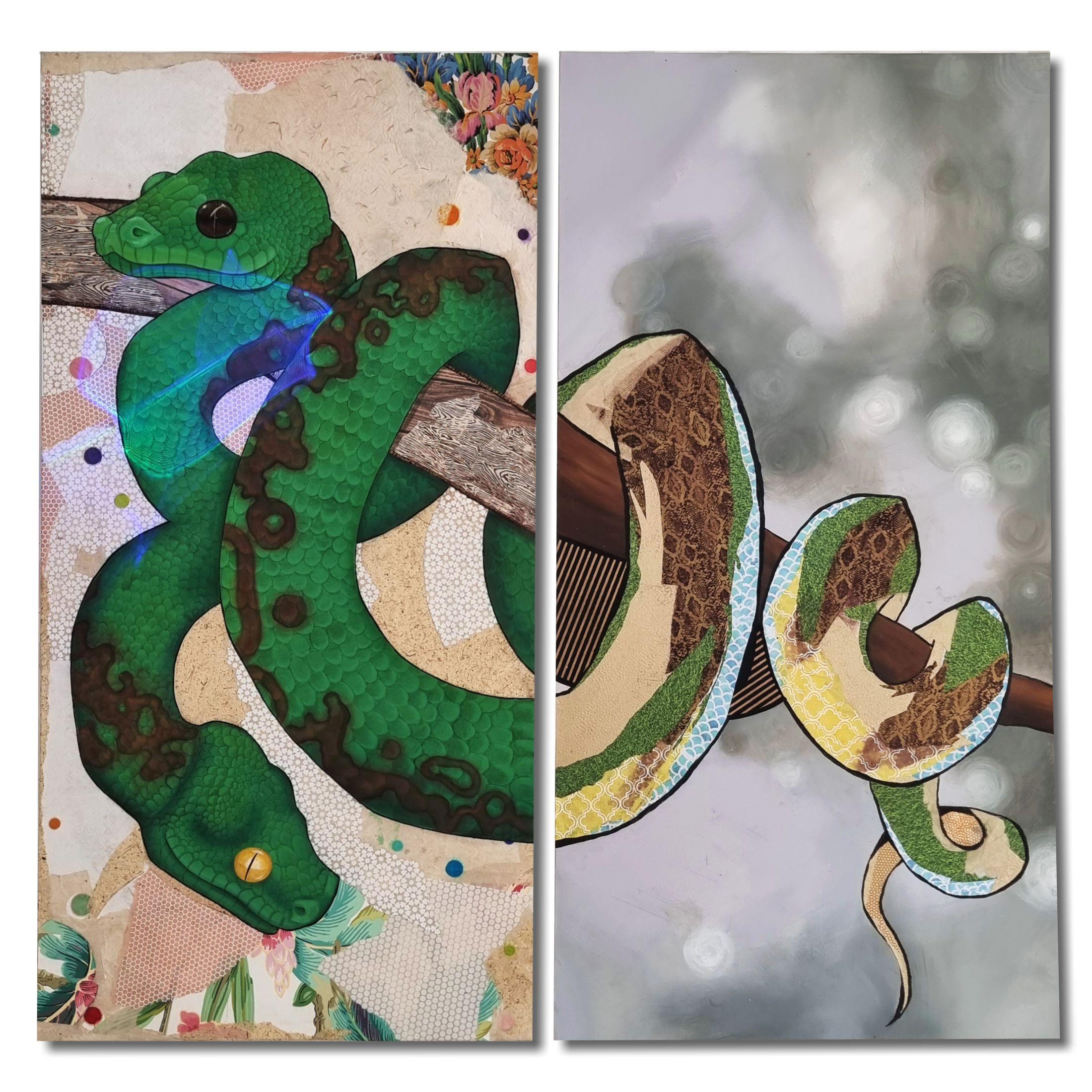 Amy Young Figurative Painting - Serpent Diptych (Snake, Street Art, Collage, Colorful - ~54% OFF LIST PRICE)