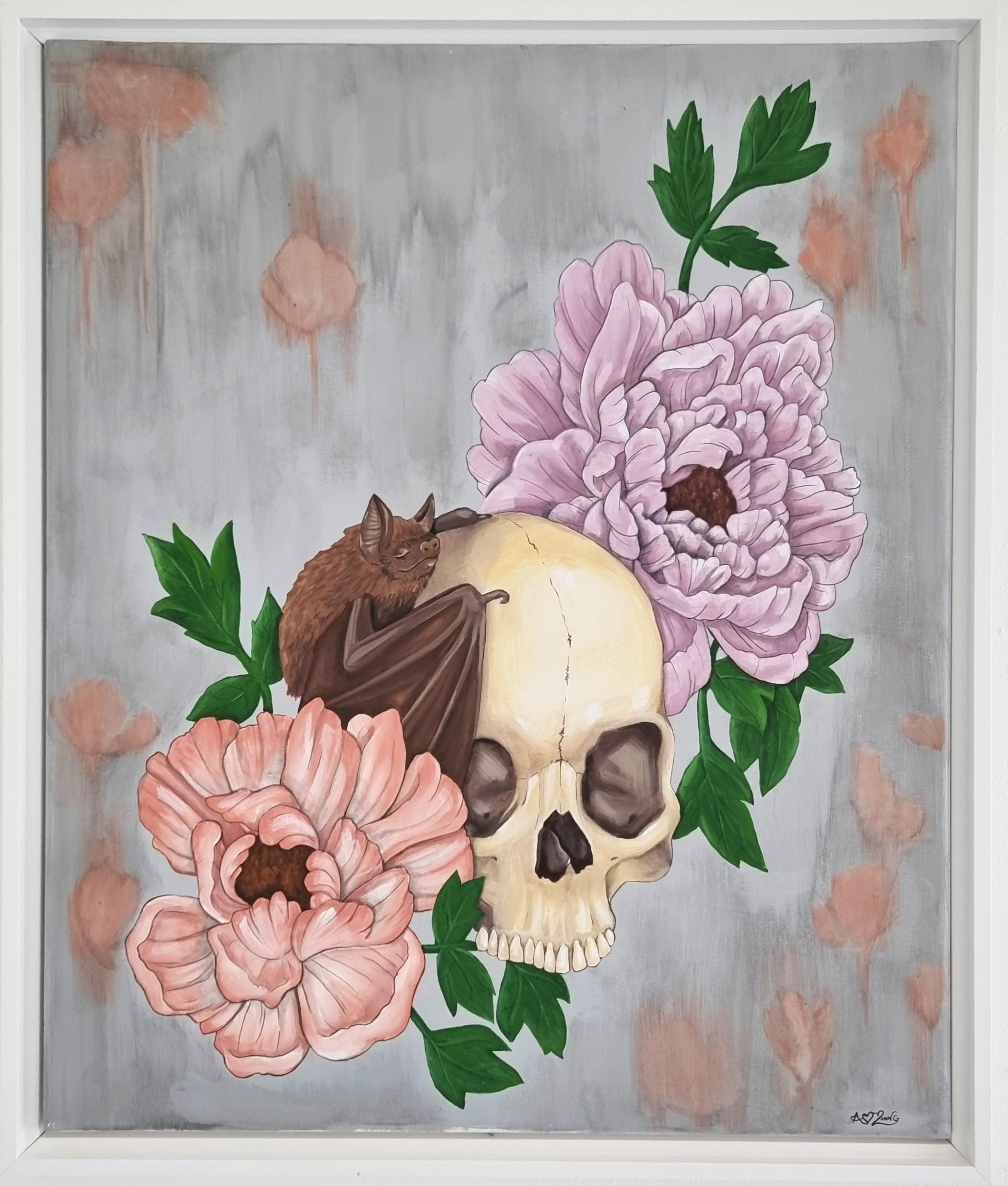 Amy Young Figurative Painting - Skull with Flowers and Bat