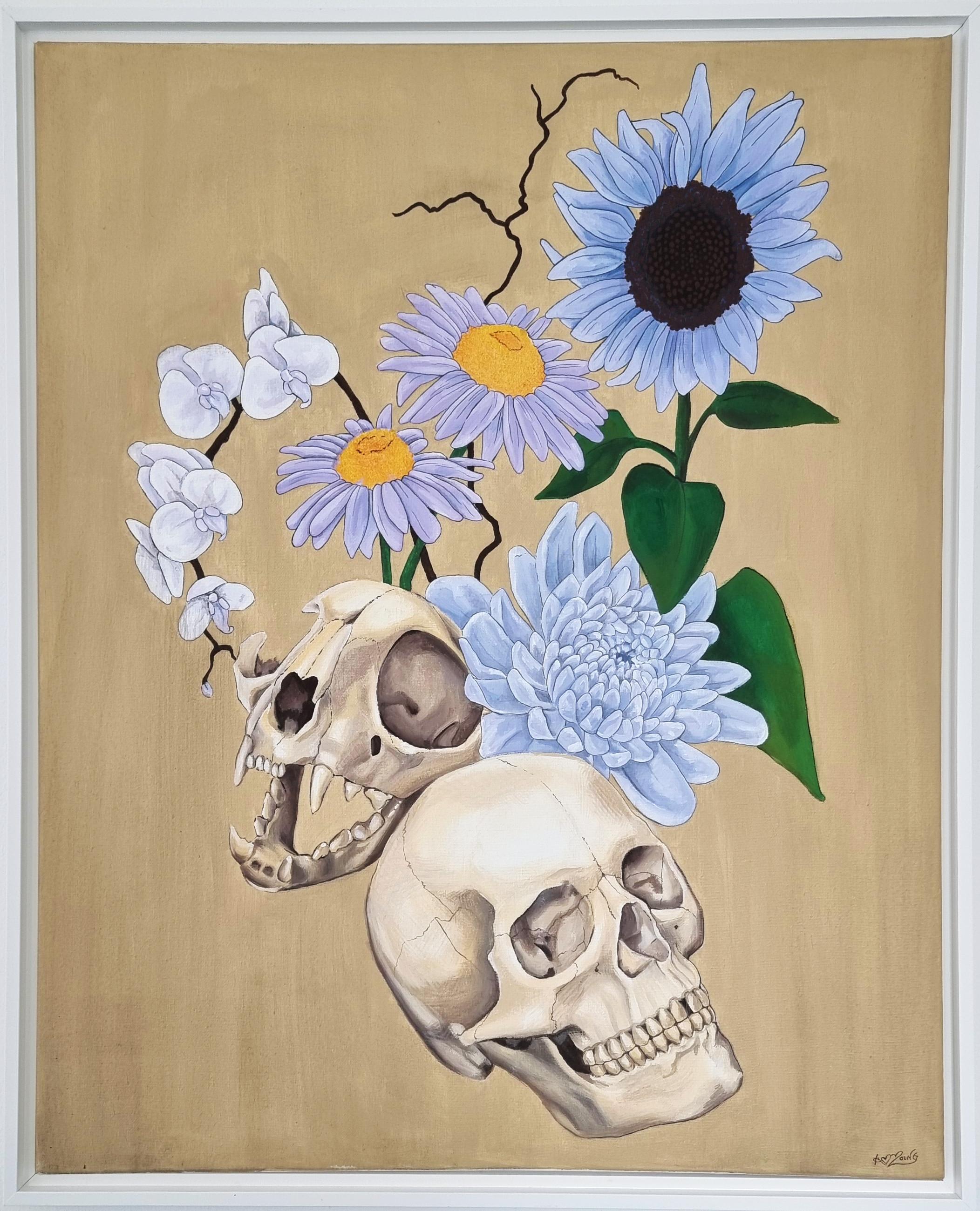 Amy Young Figurative Painting - Two Skulls with Blue Flowers