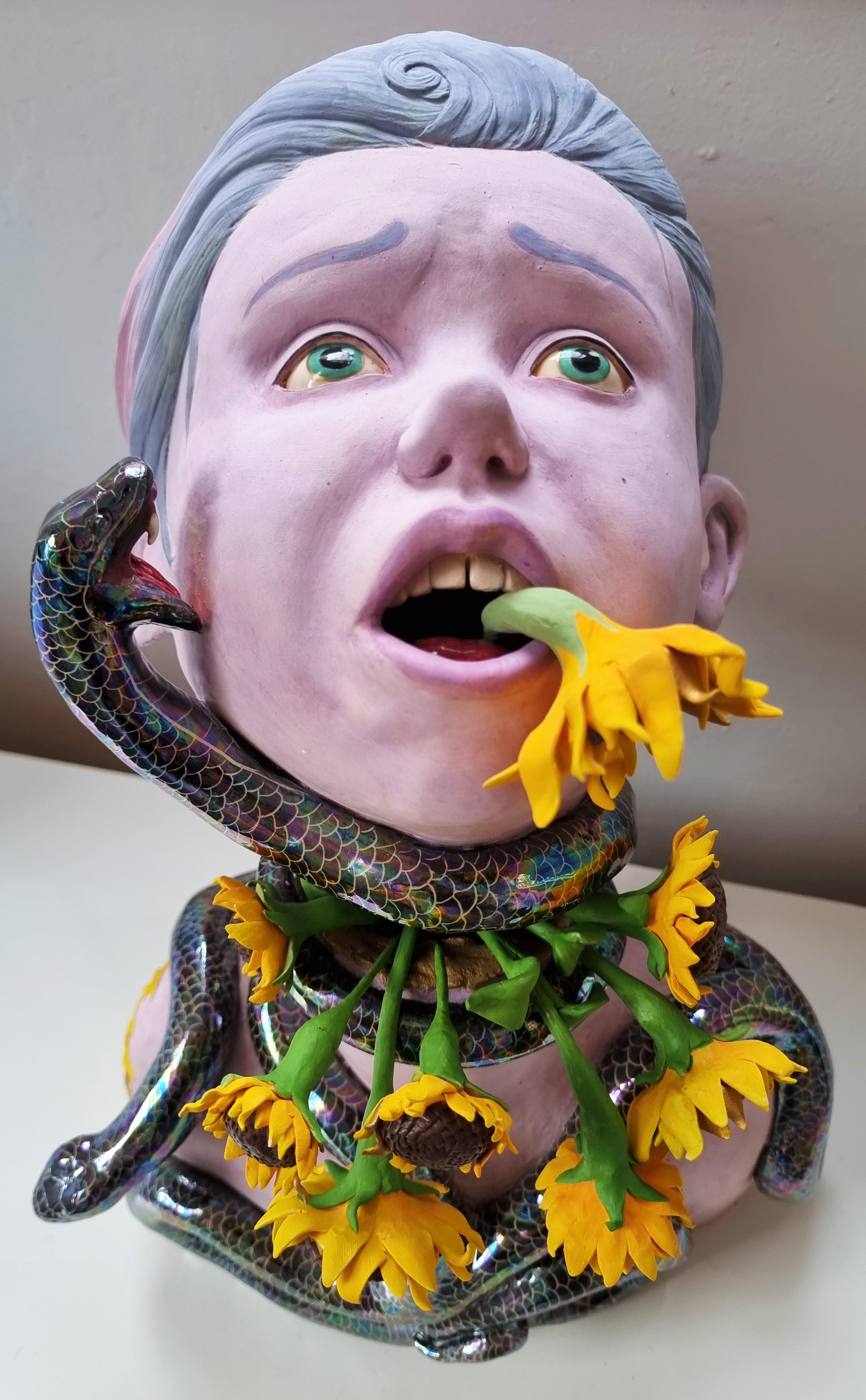 Amy Young Figurative Sculpture - Girl with Serpent and Sunflowers (MADE TO ORDER)