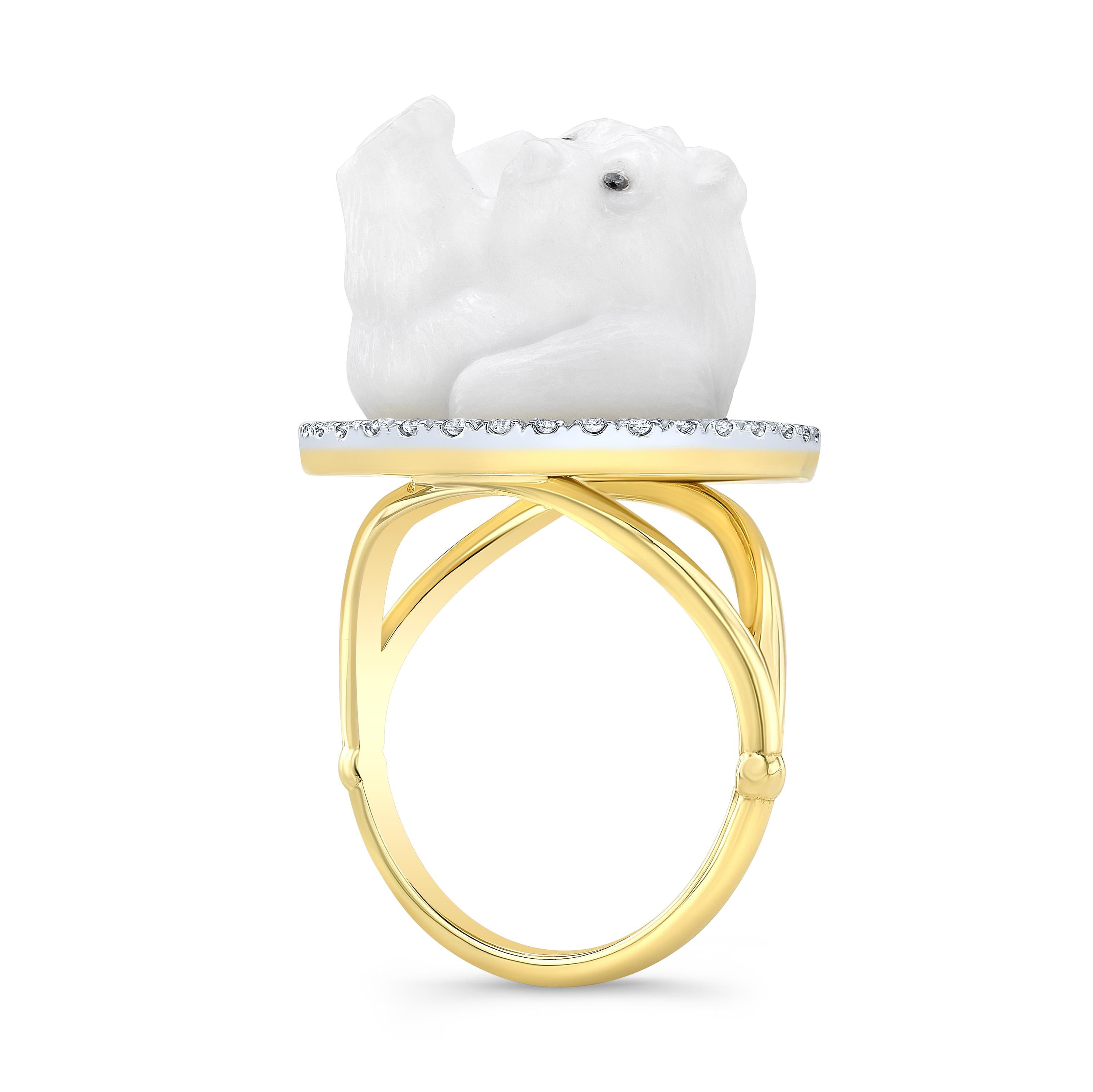 Amy Y's 18K gold, diamond, and contemporary opal ring 'Arctic Bear' is a classic one-of-a-kind jewel.  Finding new ways to capture the wonders of the natural world of wild animals, Amy has worked to design a darling bear recreated in carved opal;