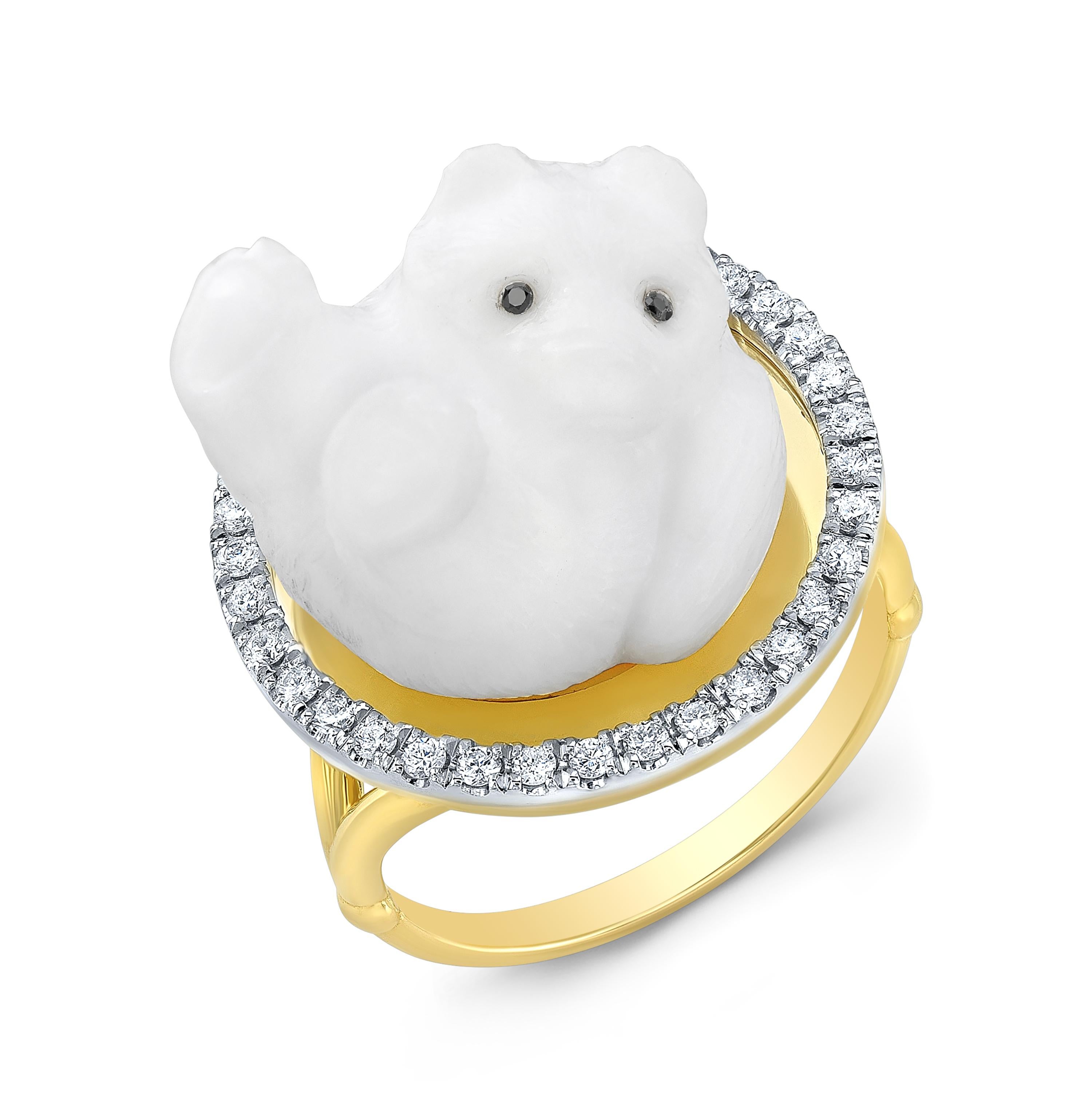 Brilliant Cut Amy Y's 18 Karat Yellow Gold, Diamond and Opal Contemporary Ring 'Arctic Bear'