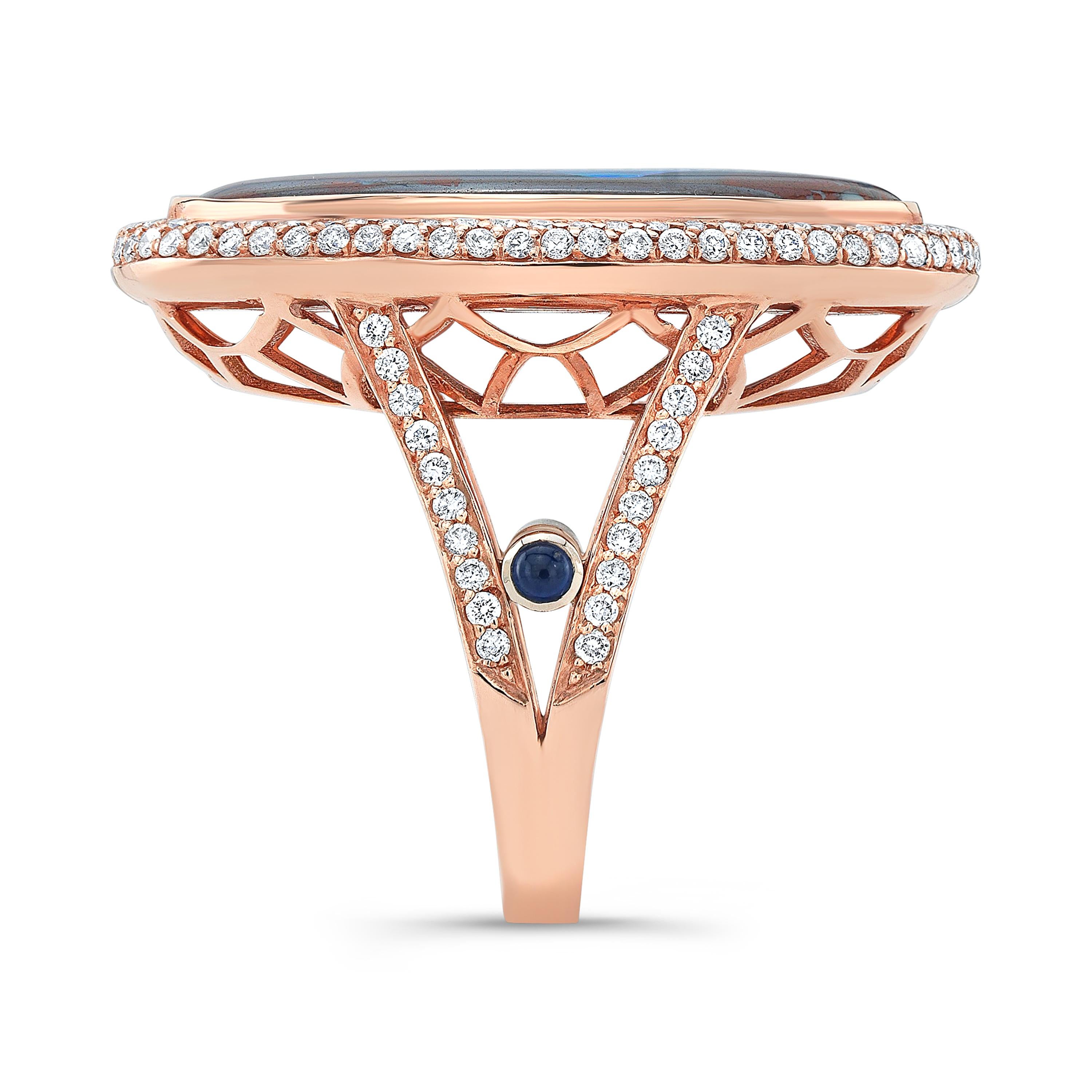 Amy Y’s 17.00ct. Australian Yowah boulder opal, diamond and sapphire 18K rose gold diamond ring resonates modern & timeless object d’art for the discerning collector. Handmade by Amy's expert European artisans is this truly stunning one-of-a-kind