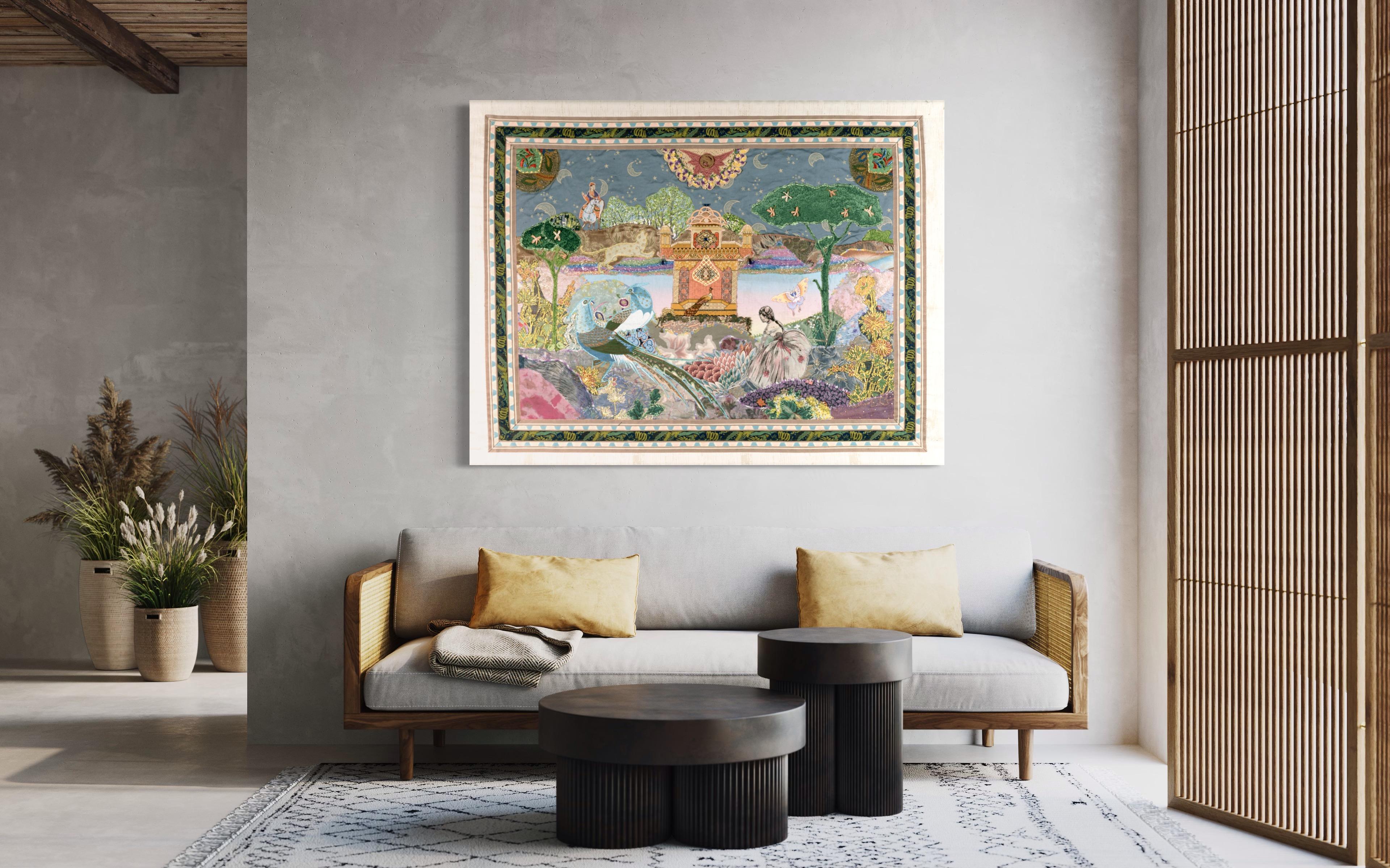 This whimsical, horizontal embellished tapestry measures 40 inches tall and 52 inches wide. It is a collage of hand painted and dyed fabrics, vintage textiles, trimmings, and antique bead embellishments. This textural tapestry comes with two wooden