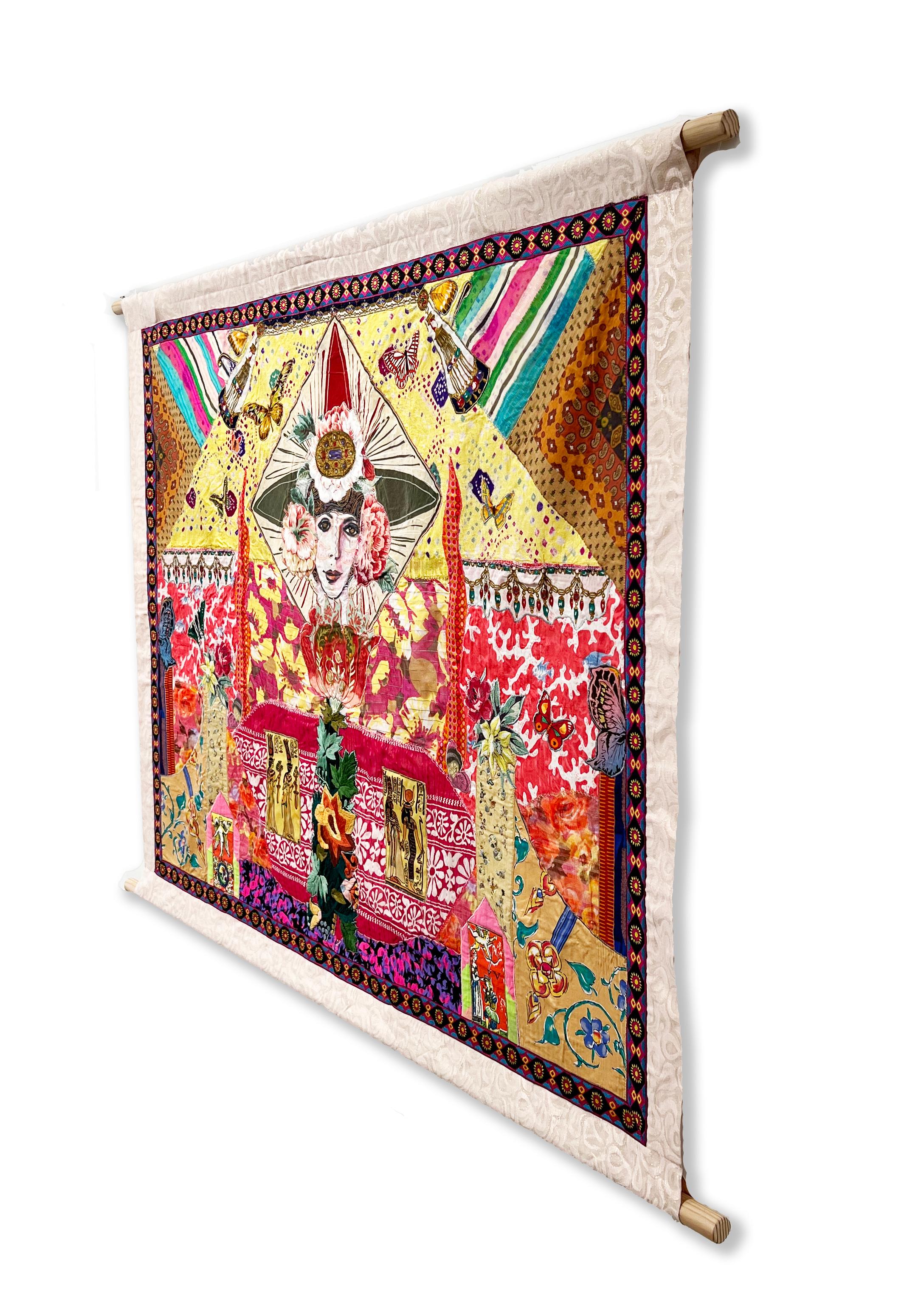 This gorgeous, horizontal embellished tapestry measures 48 inches tall and 58 inches wide. It is a collage of hand painted and dyed fabrics, vintage textiles, trimmings, and antique bead embellishments. This textural tapestry comes with two wooden