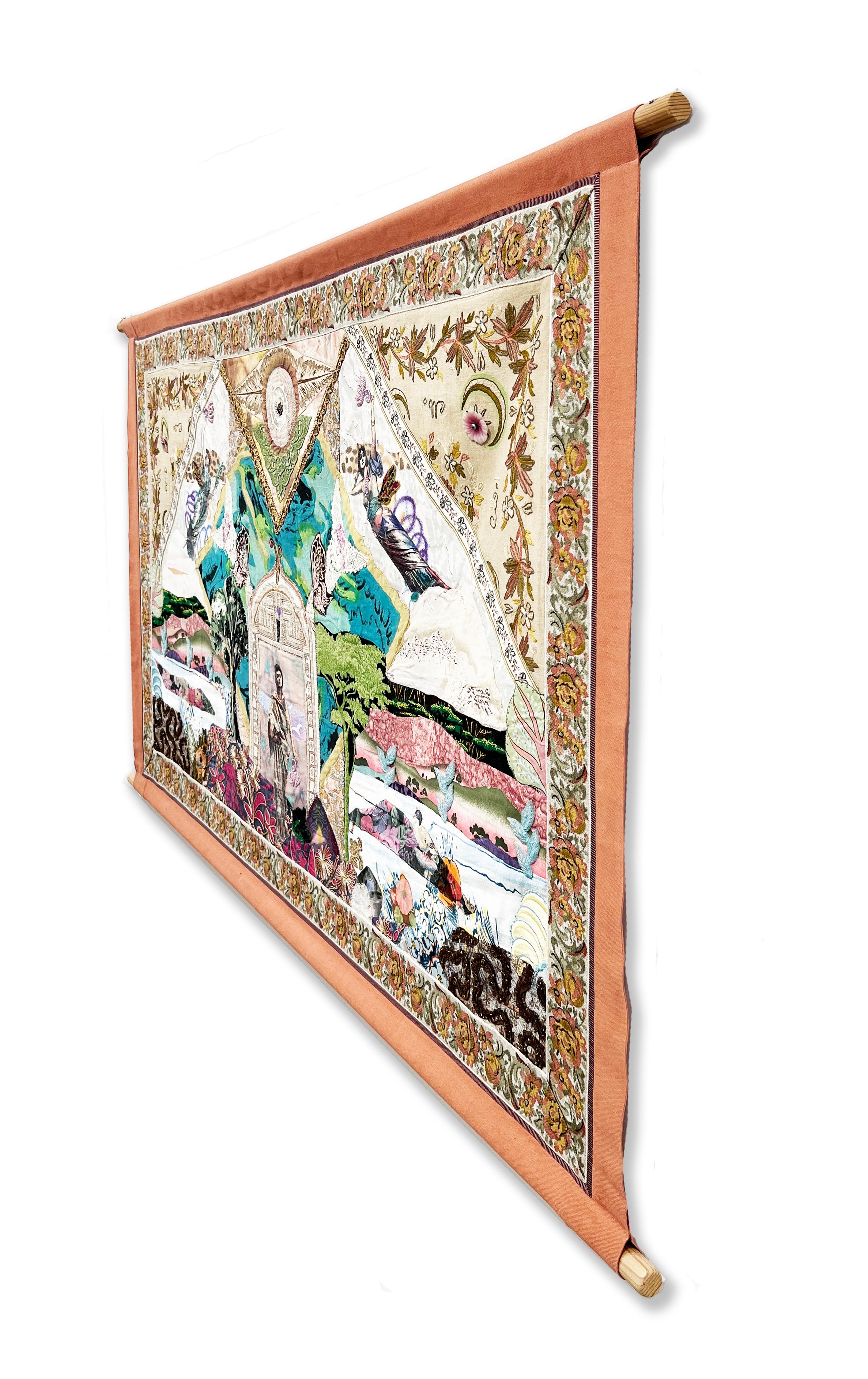 This gorgeous, horizontal embellished tapestry measures 45 inches tall and 74 inches wide. It is a collage of hand painted and dyed fabrics, vintage textiles, trimmings, and antique bead embellishments. This textural tapestry comes with two wooden