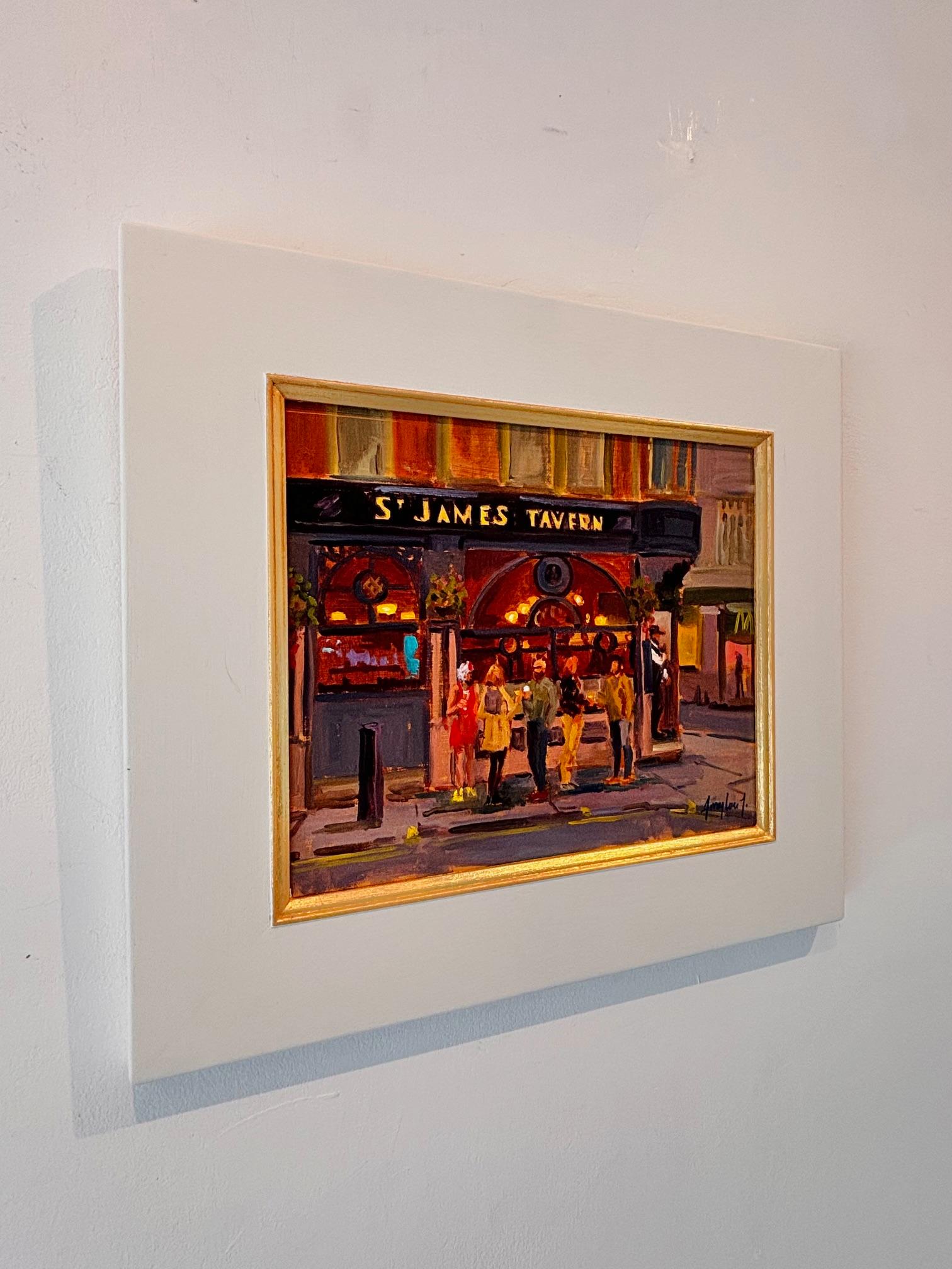 This exceptional artwork is currently on display and available for sale at Signet Contemporary Art Gallery and online.

Witty and full of life, A Toast in Red turns an ordinary street scene into an unforgettable London moment. Outside the St James