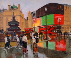 After the Rain, Piccadilly-original cityscape impressionism oil-contemporary art