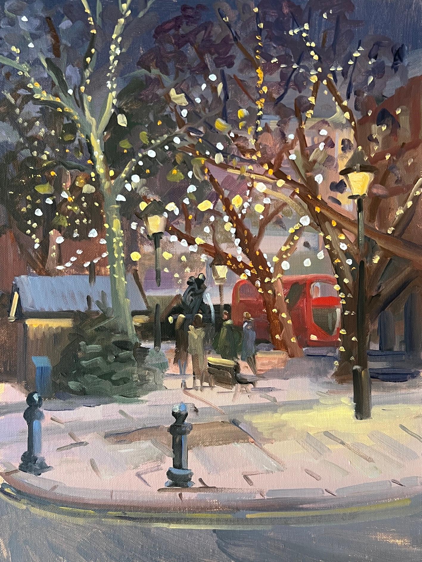 Amylou Jennings Landscape Painting - Christmas Evening Sloane Sq-original cityscape impressionism-contemporary art