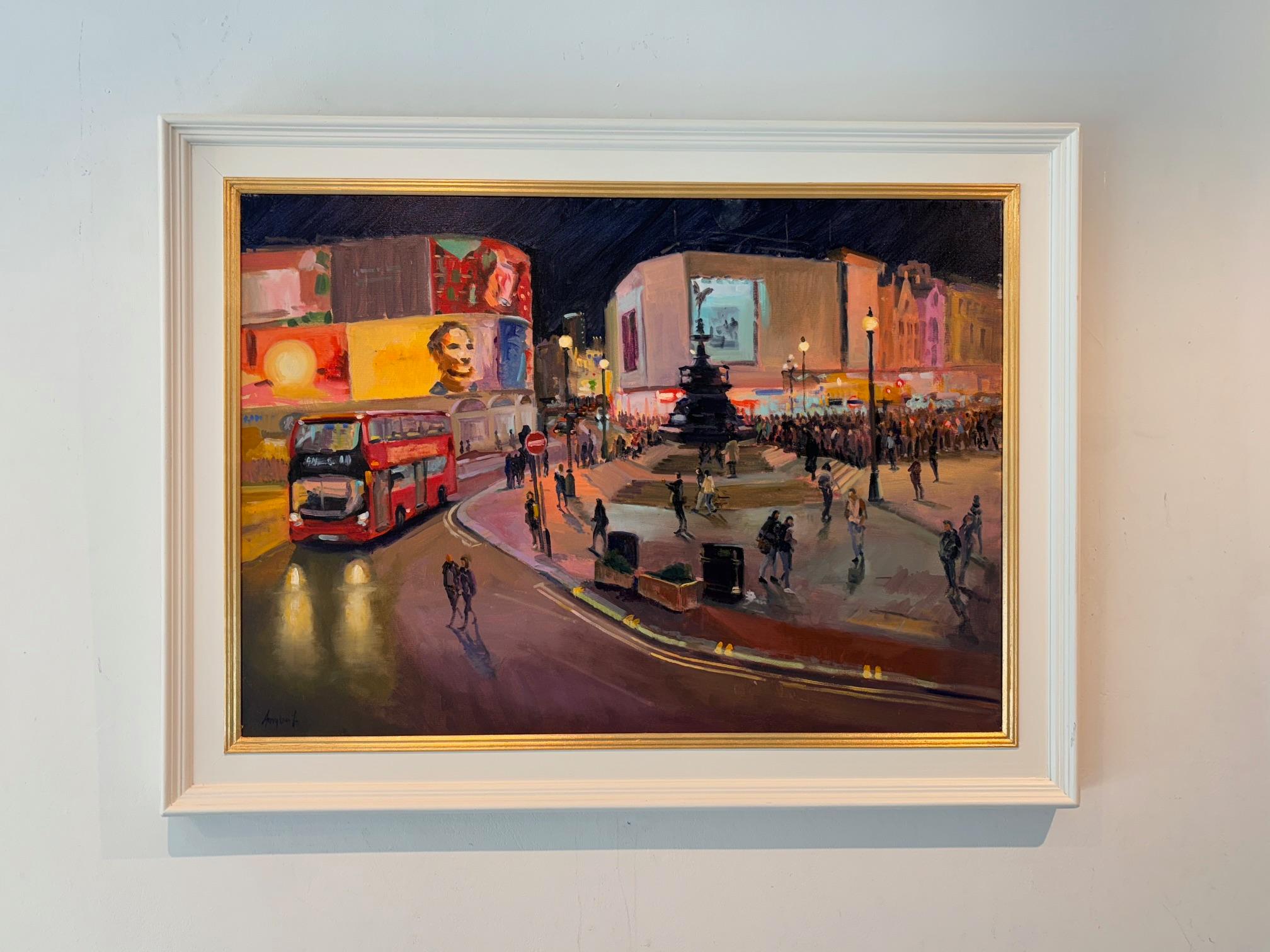 Menschenmassen am Piccadilly - Original Stadtbild Impressionismus Öl - zeitgenössische Kunst – Painting von Amylou Jennings