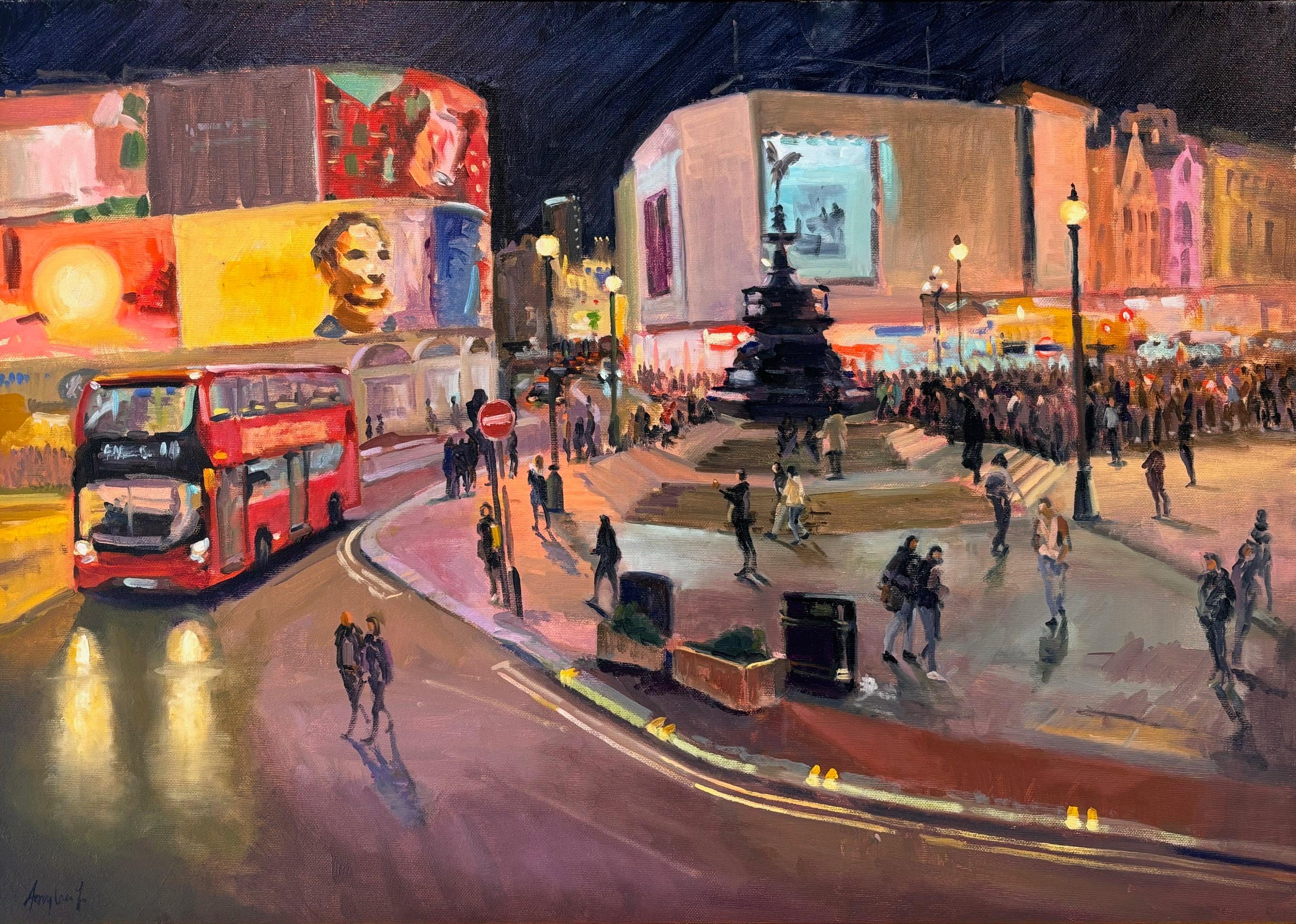 Crowds at Piccadilly - original cityscape impressionism oil - contemporary art - Art by Amylou Jennings