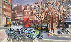 Bagliore della sera a Sloan Square - arte contemporanea originale di paesaggi urbani-impressionismo
