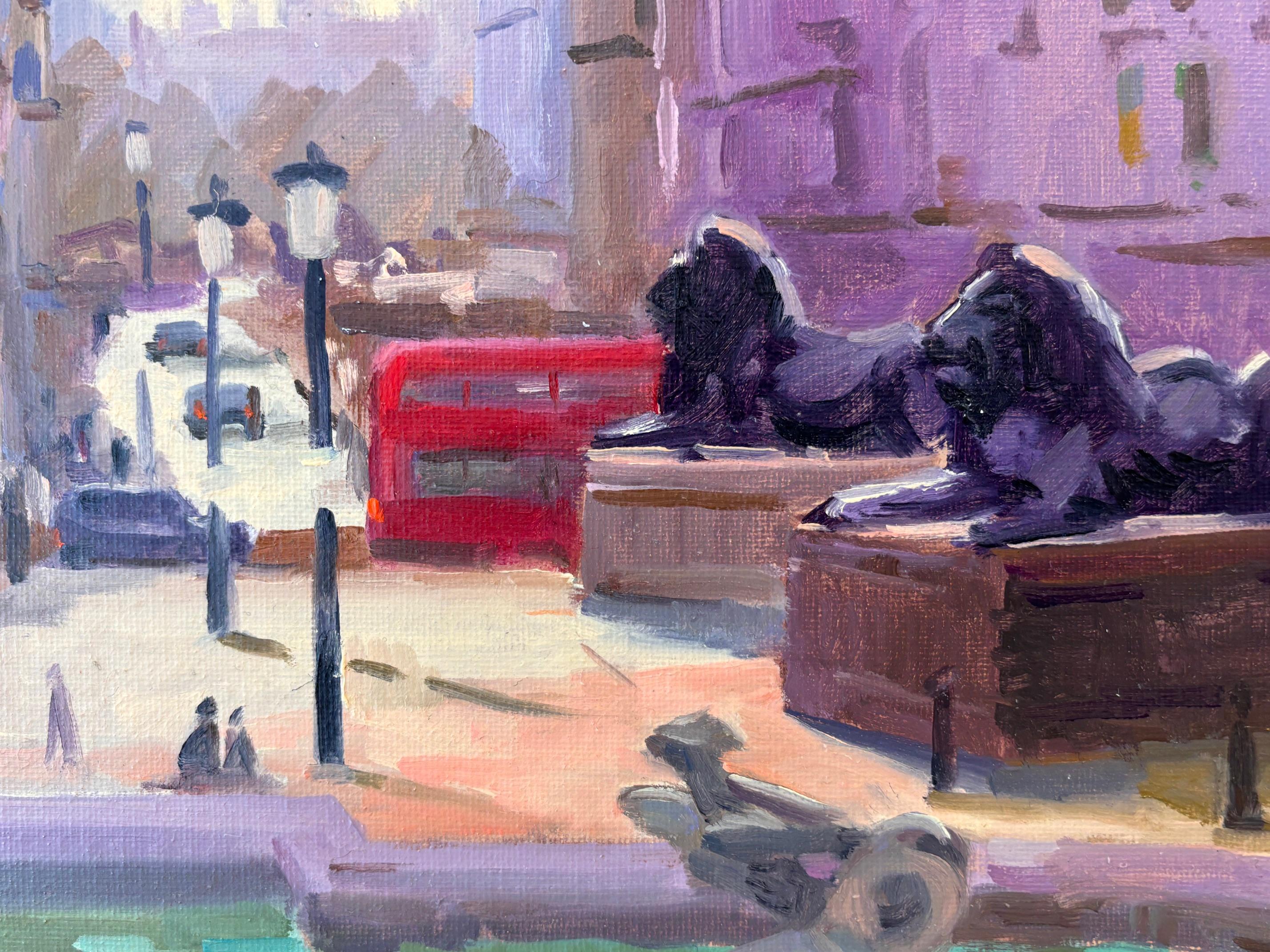 Leones de Trafalgar - paisaje urbano original impresionismo óleo - arte contemporáneo - Landscape Painting Marrón de Amylou Jennings