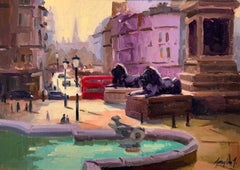 Leoni di Trafalgar - paesaggio urbano originale - olio impressionista - arte contemporanea