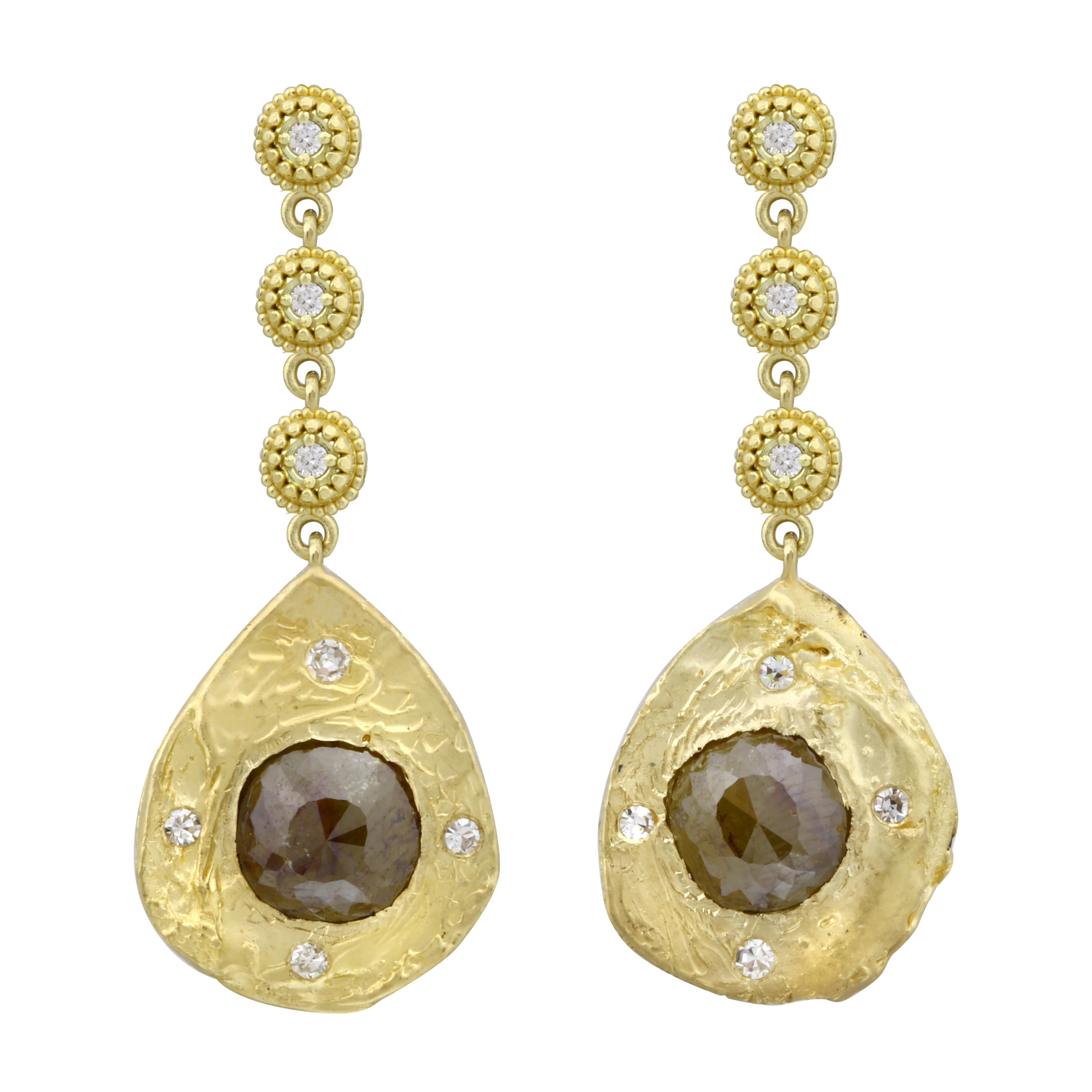 Amyn, Cushion Rose Cut Pendant Dangle Diamond Earrings in 18k Yellow Gold For Sale